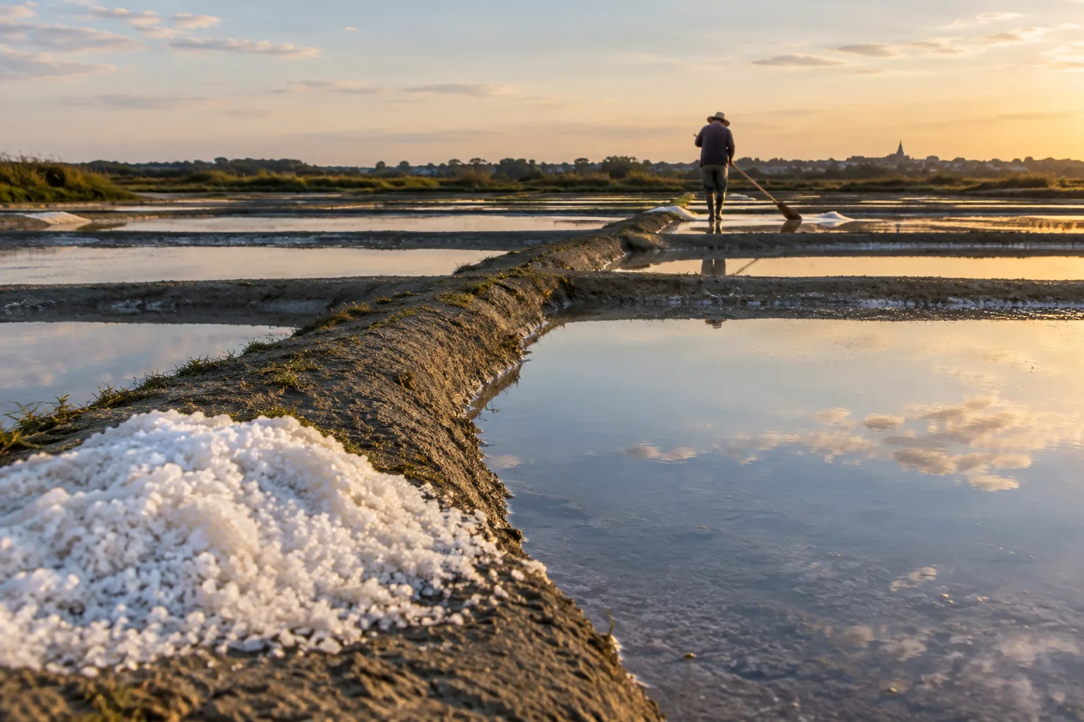 Bassins peu profonds et talus dessinent le paysage des marais salants de Guérande.