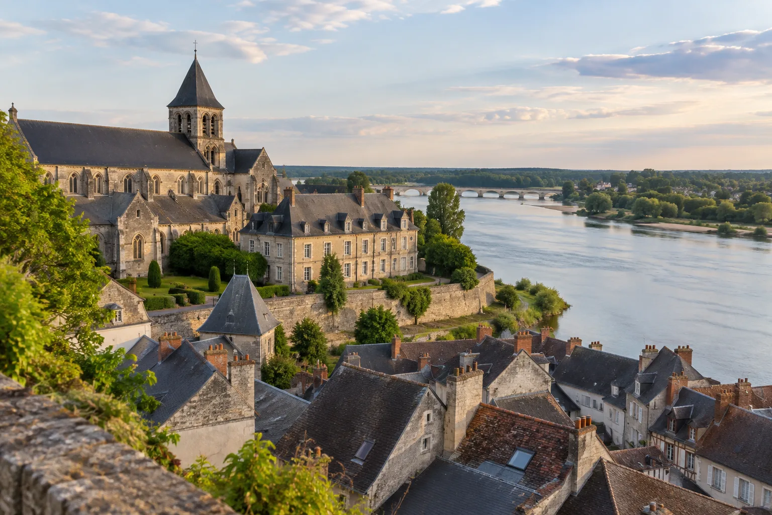 Les bâtiments anciens de La Charité-sur-Loire au bord du fleuve.