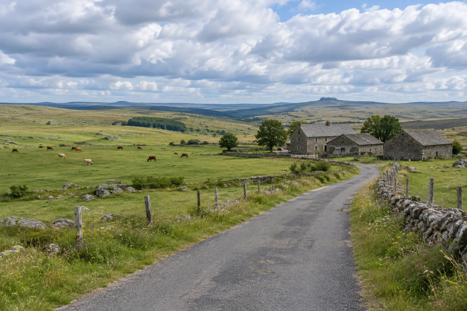 Une petite route traverse les pâturages de l’Aubrac, près de bâtiments de pierre.