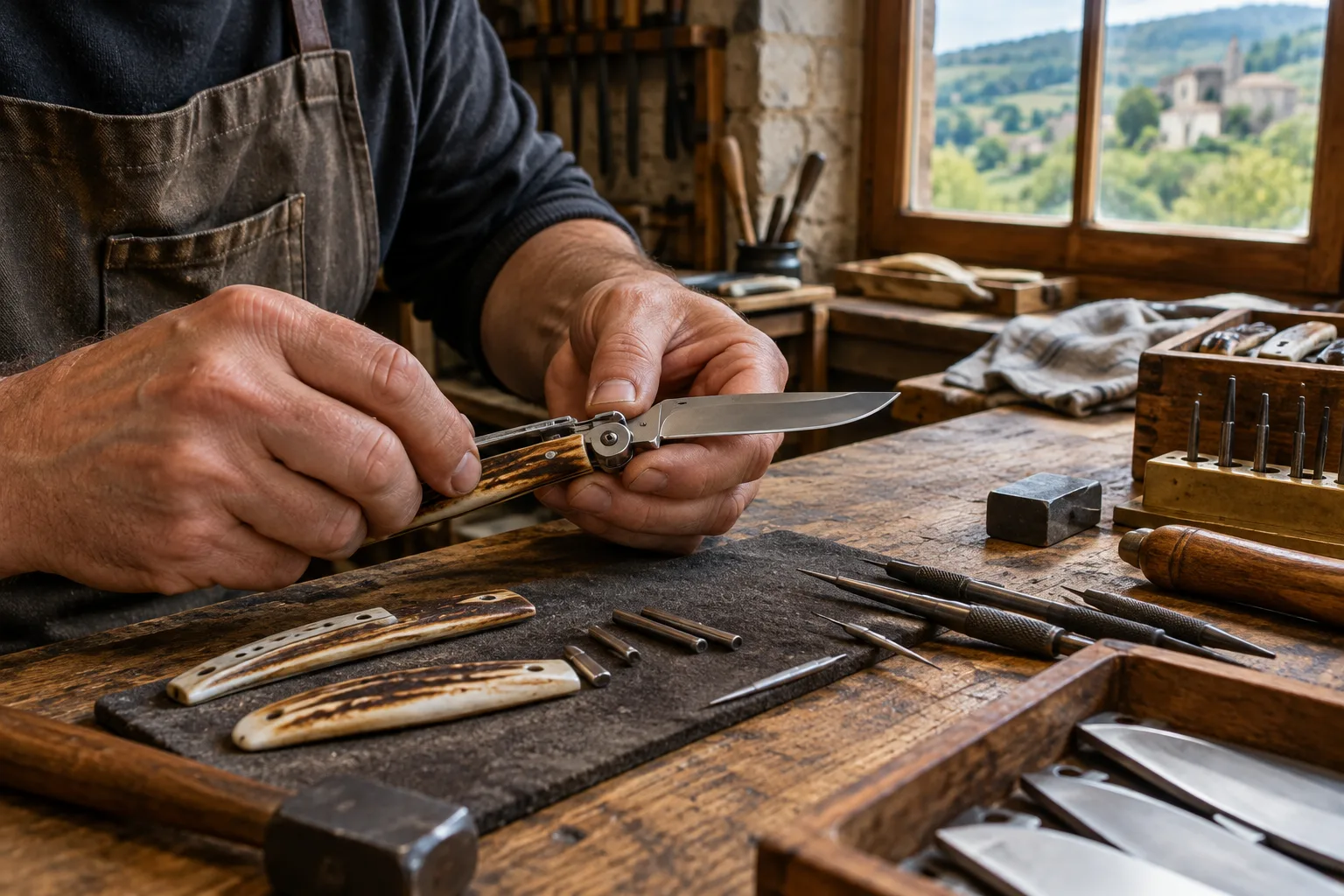 Des mains assemblent un couteau pliant sur l’établi d’un atelier de coutellerie.