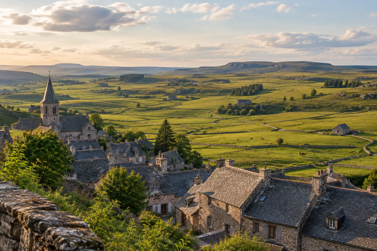 Le village de Laguiole au milieu des pâturages du plateau de l’Aubrac.