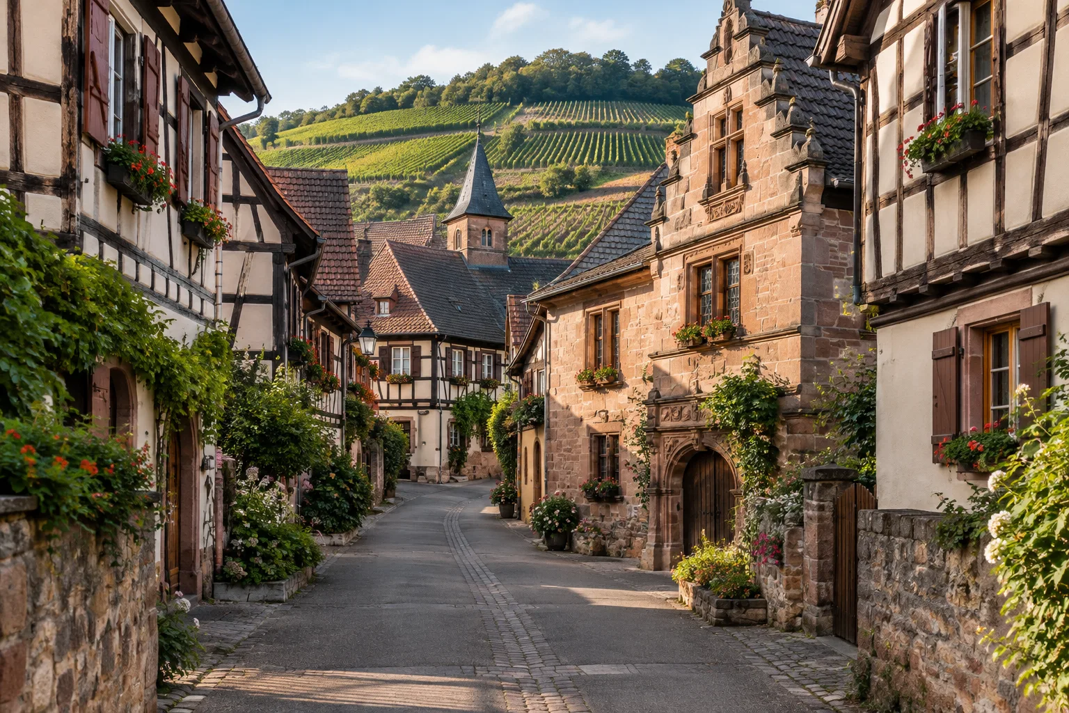 Rue de Mittelbergheim bordée de maisons anciennes, avec les coteaux viticoles en arrière-plan.