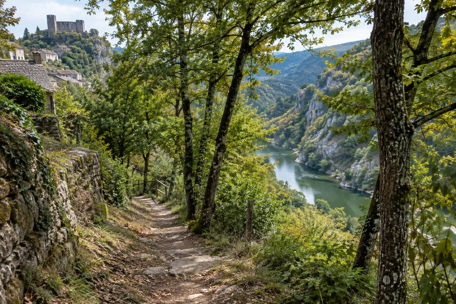 Un chemin boisé descend du bourg de Najac vers les pentes de la vallée de l’Aveyron.