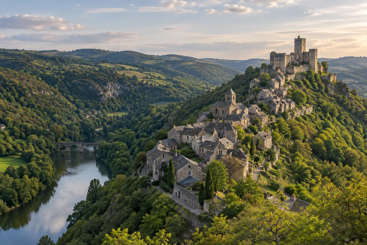 Le village médiéval de Najac s’étire sur une crête au-dessus de la vallée de l’Aveyron.