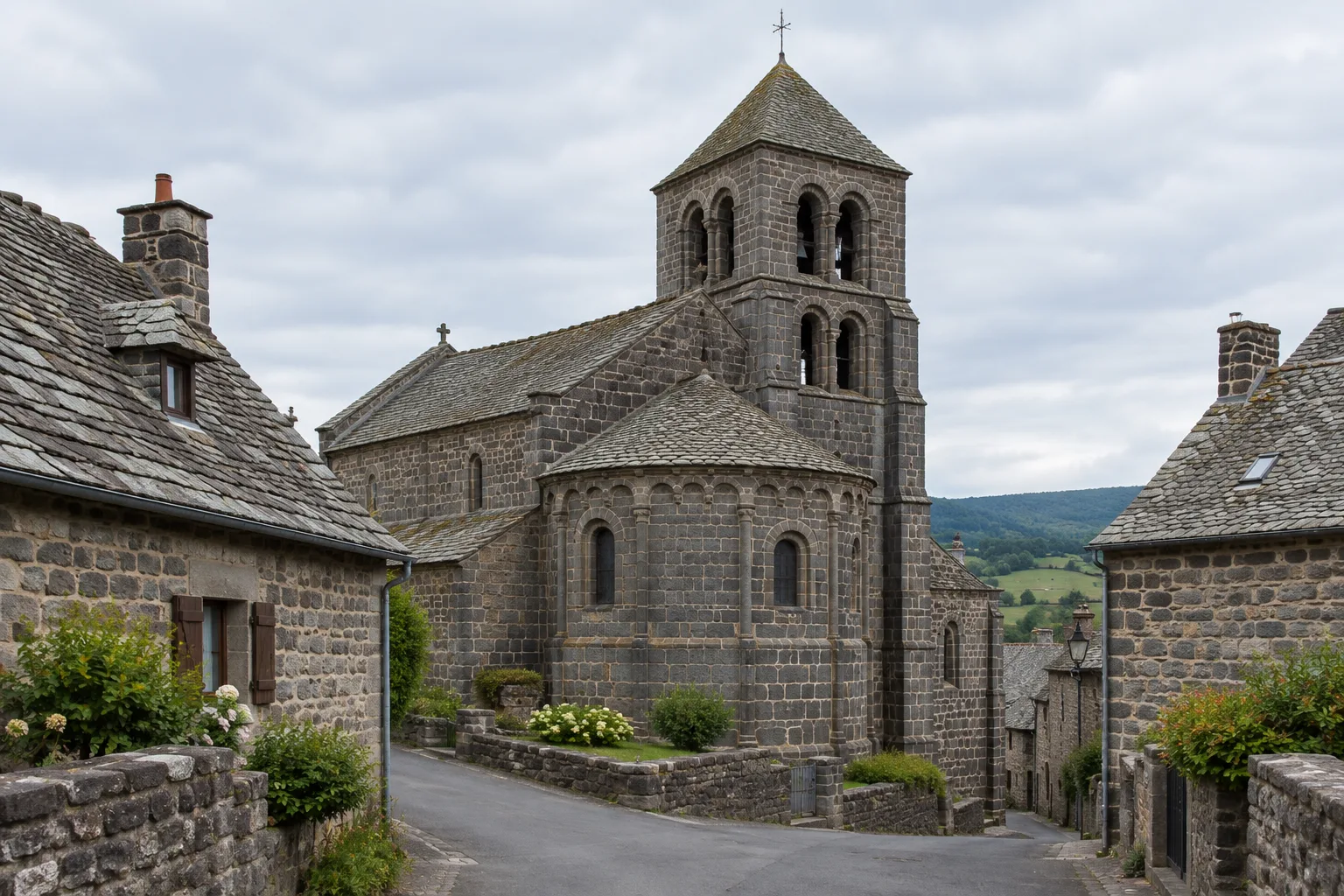L’église romane Sainte-Marie domine une rue de pierre dans le village de Nasbinals.