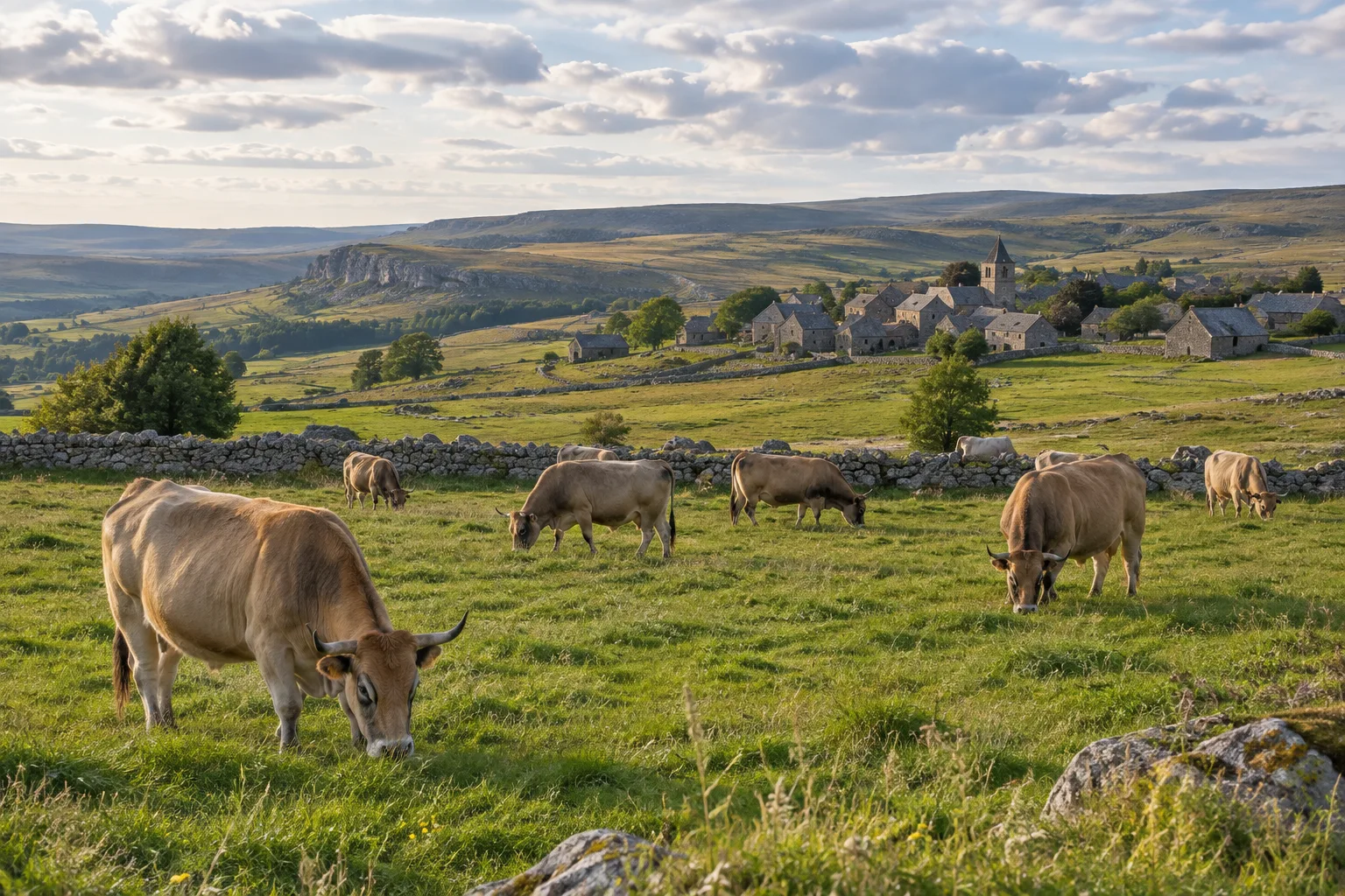 Des vaches Aubrac paissent dans une prairie ouverte du plateau, sous un ciel changeant.