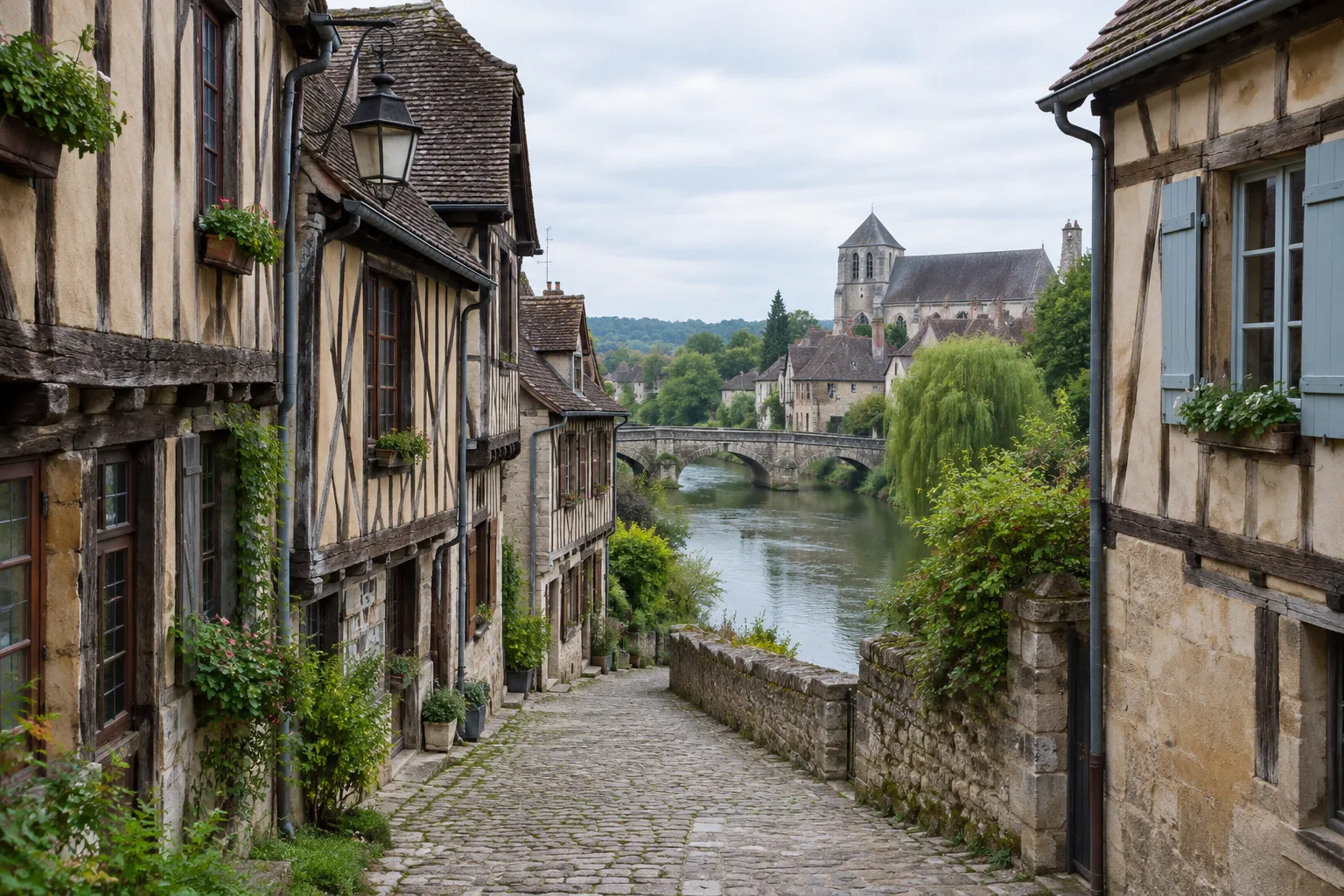 Maisons anciennes à pans de bois dans une ruelle de Noyers-sur-Serein, près du Serein.