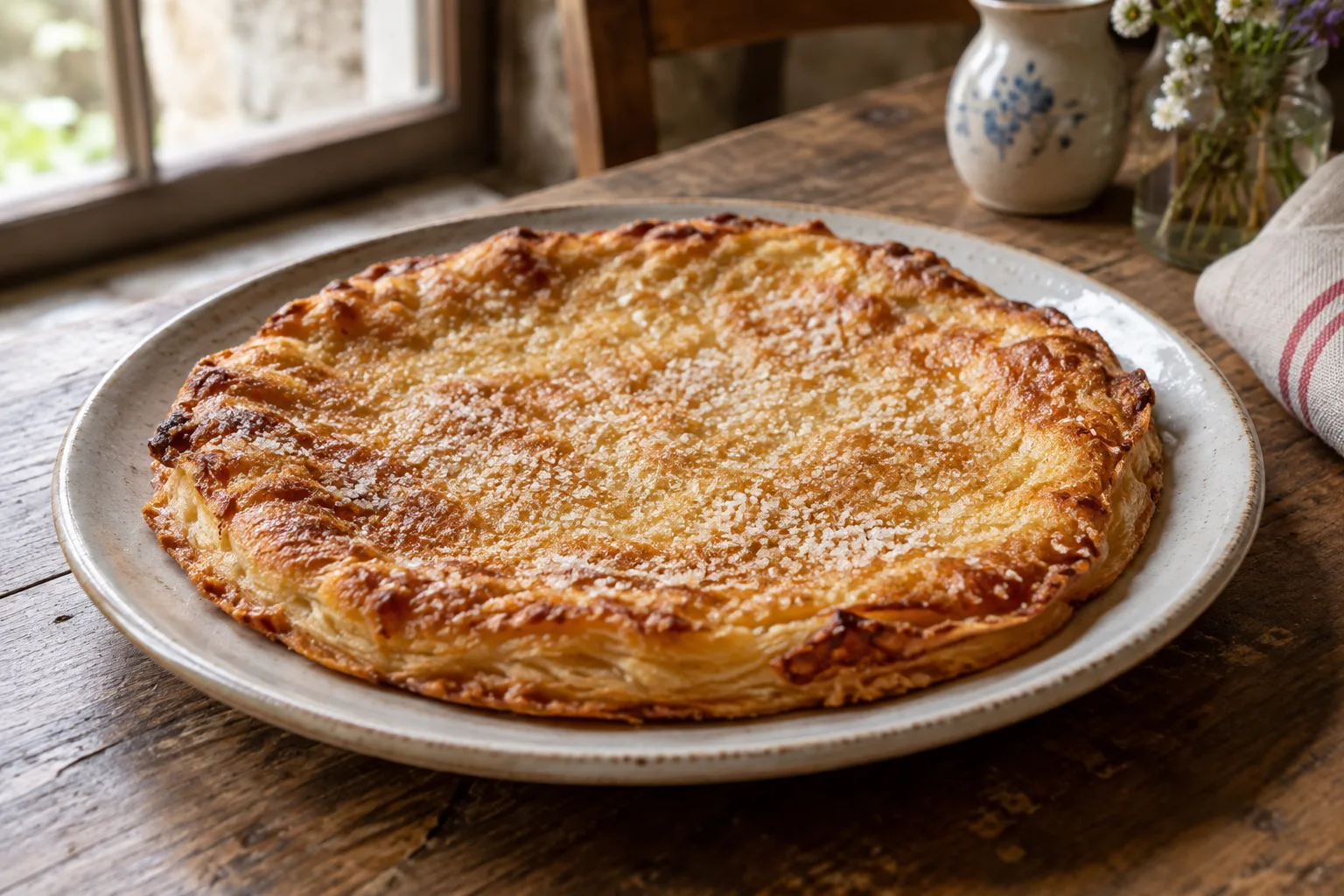 Une galette dorée de Pérouges servie sur une assiette en céramique.