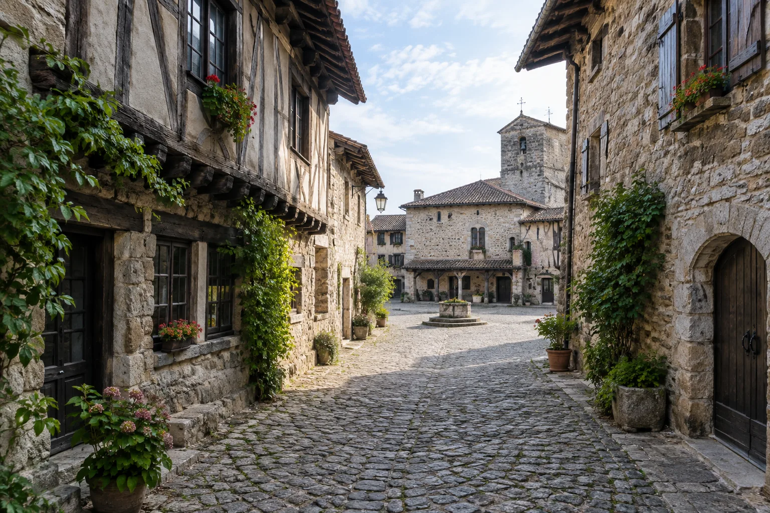Une ruelle pavée bordée de maisons anciennes dans la cité médiévale de Pérouges.