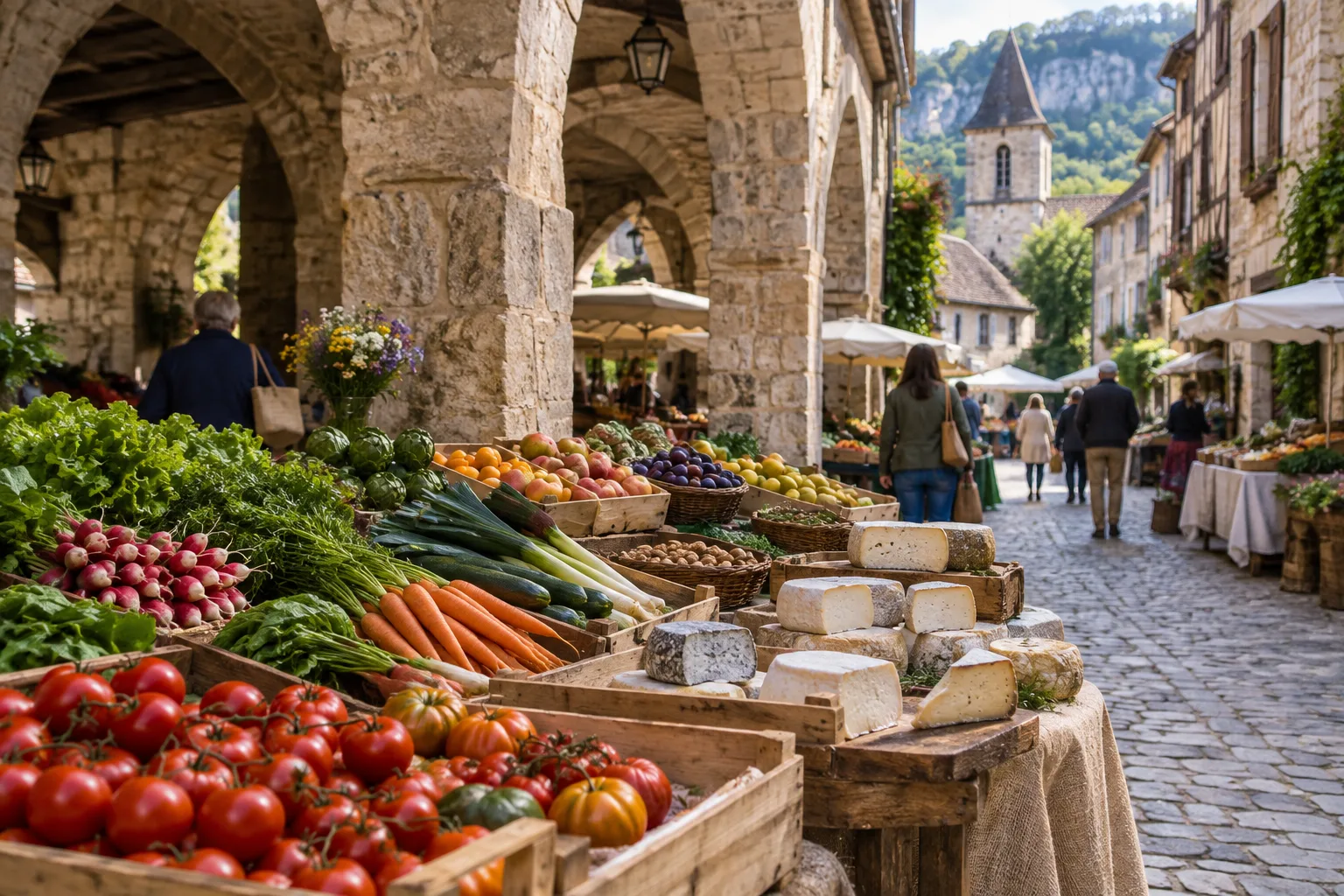 Des fruits, légumes et fromages sont présentés sur des étals sous les arcades du village.