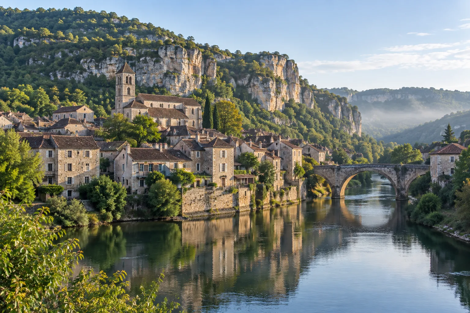 Étalages de produits frais installés dans une rue ancienne de Saint-Antonin-Noble-Val.