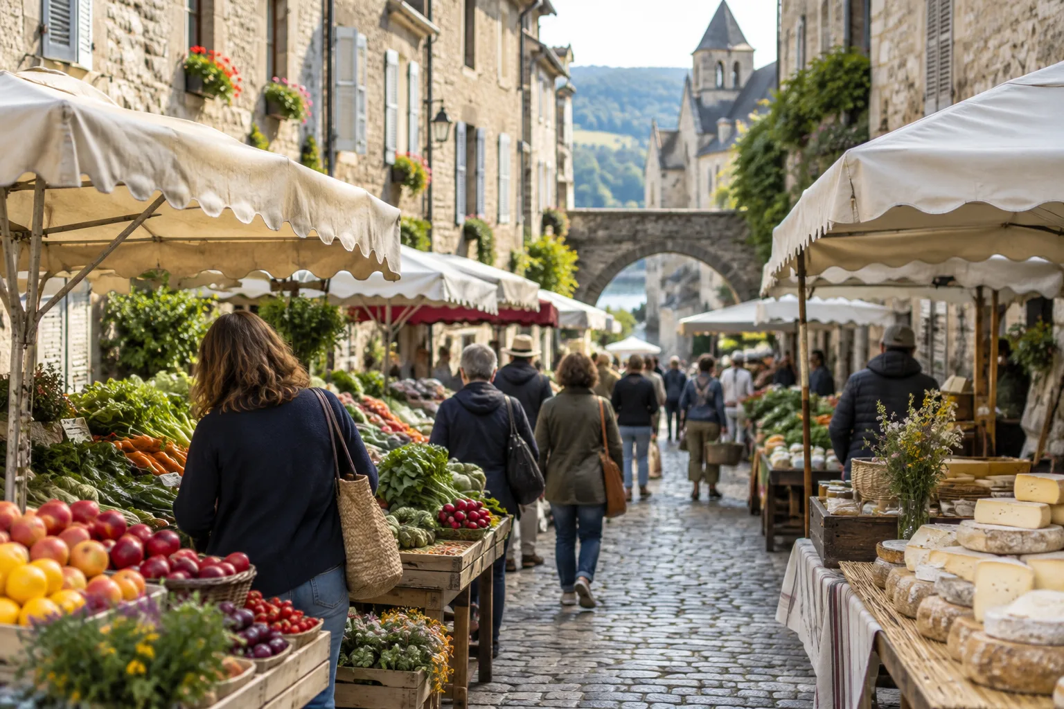Étals de fruits, de légumes et de fromages dans une rue ancienne de Saint-Antonin-Noble-Val.