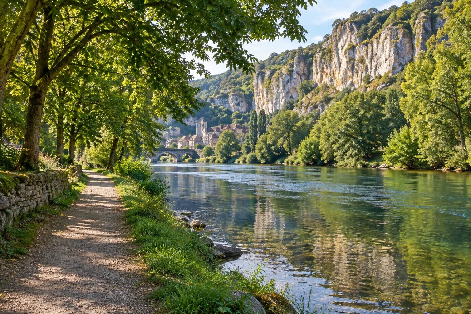 Un chemin ombragé longe l’Aveyron, avec les falaises calcaires des gorges en arrière-plan.