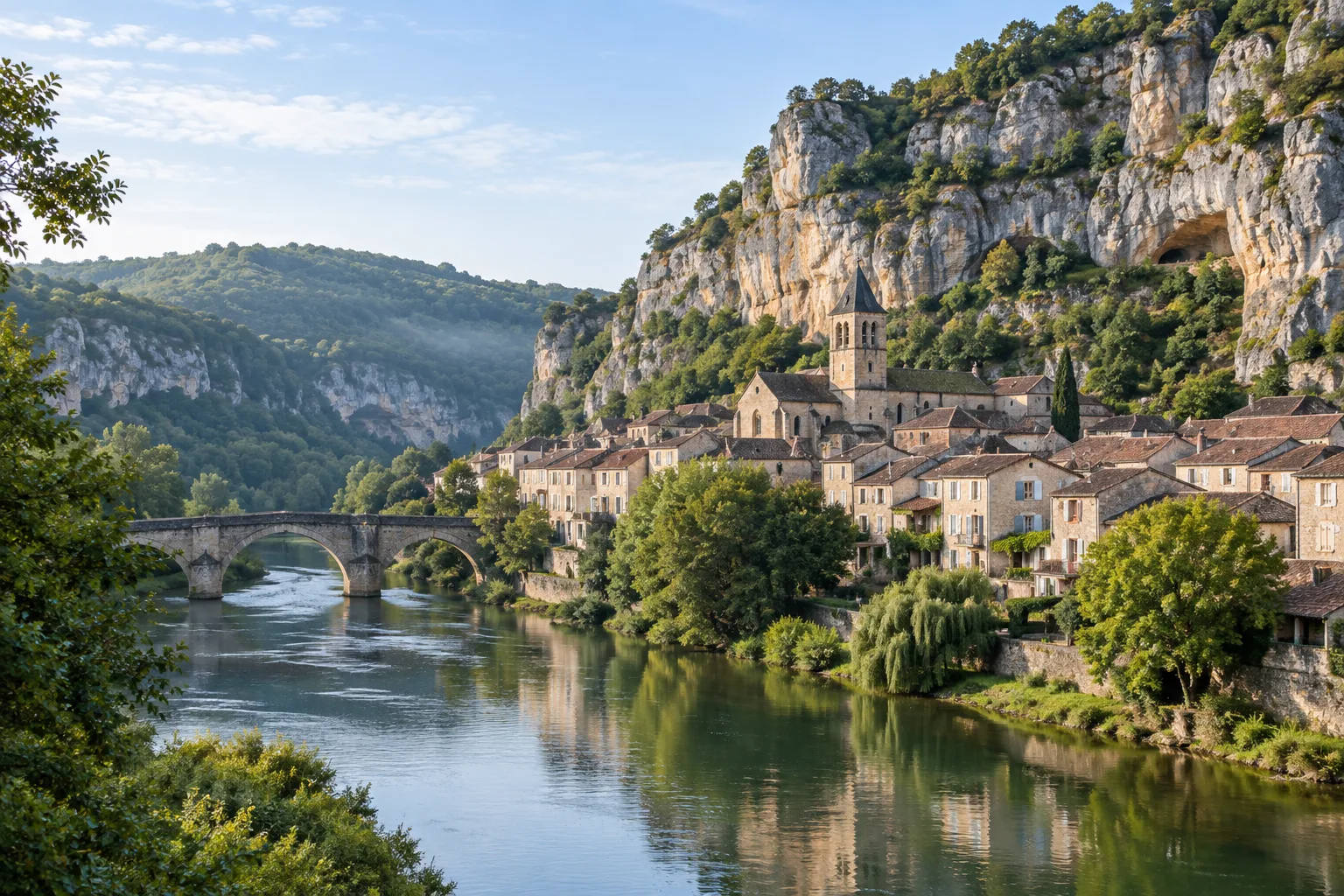 Maisons anciennes de Saint-Antonin-Noble-Val au pied des falaises calcaires.