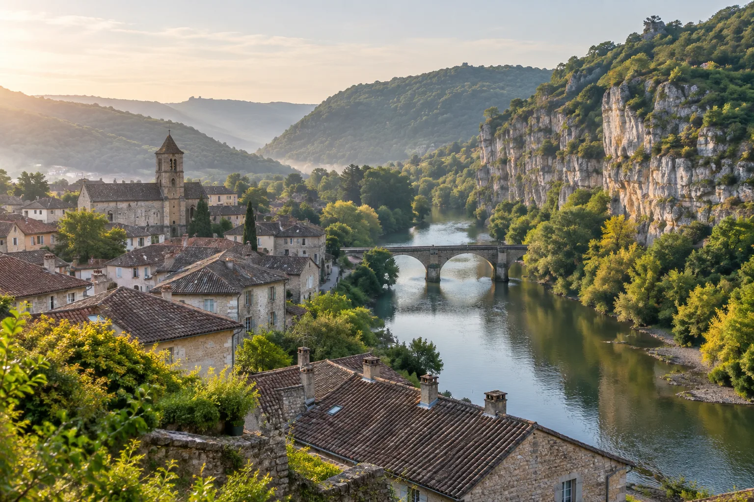 Les toits de Saint-Antonin-Noble-Val dominent l’Aveyron au pied des falaises calcaires.