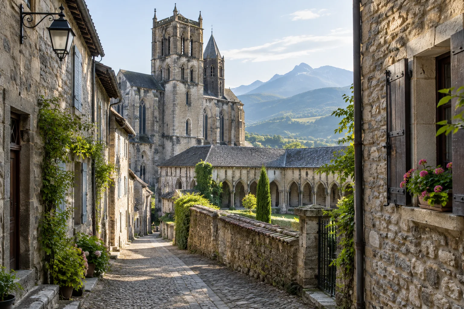 Une ruelle de pierre monte vers la cathédrale Sainte-Marie, entre les maisons anciennes du village.