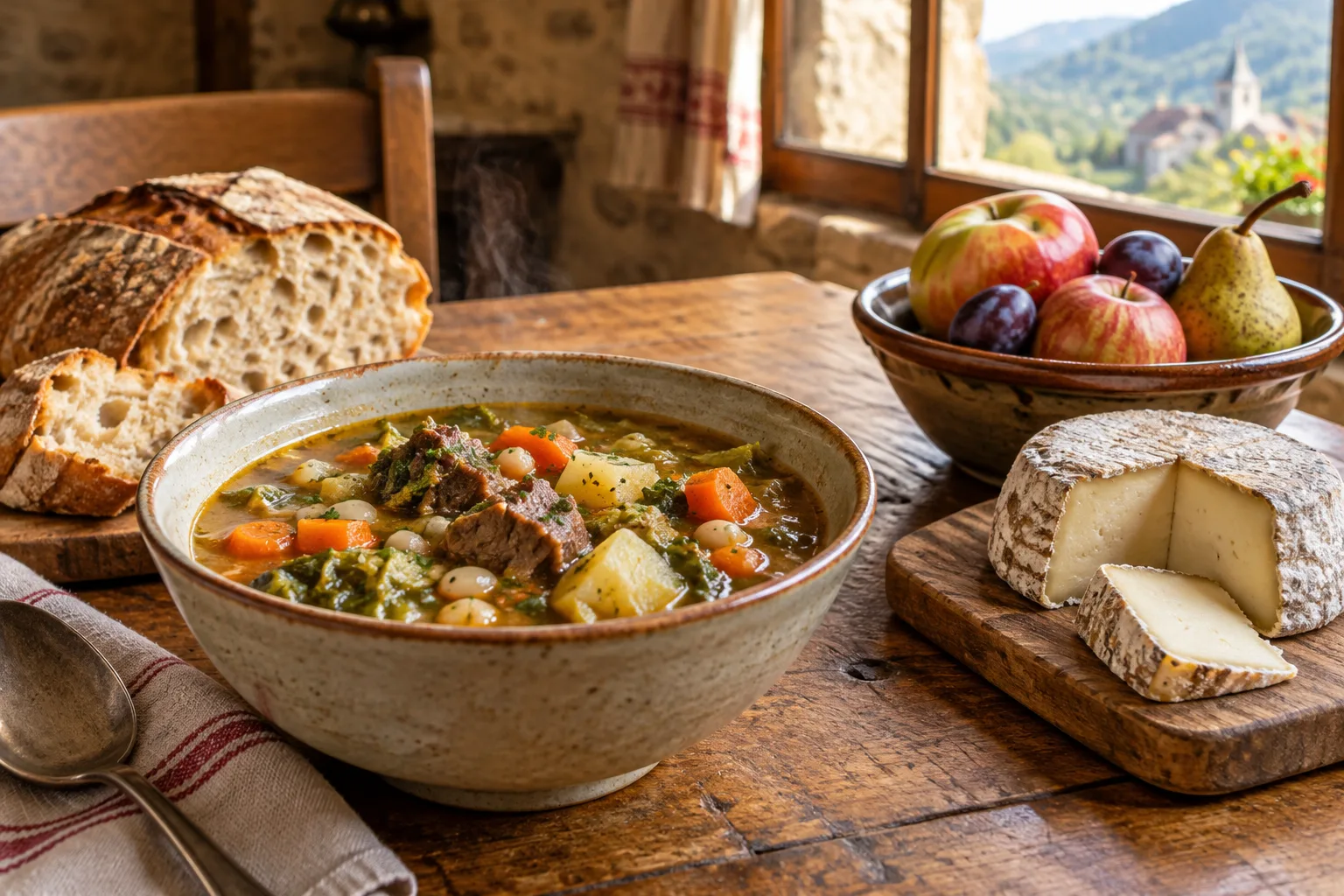 Un repas de terroir avec soupe paysanne, pain, fromage fermier et fruit de saison.