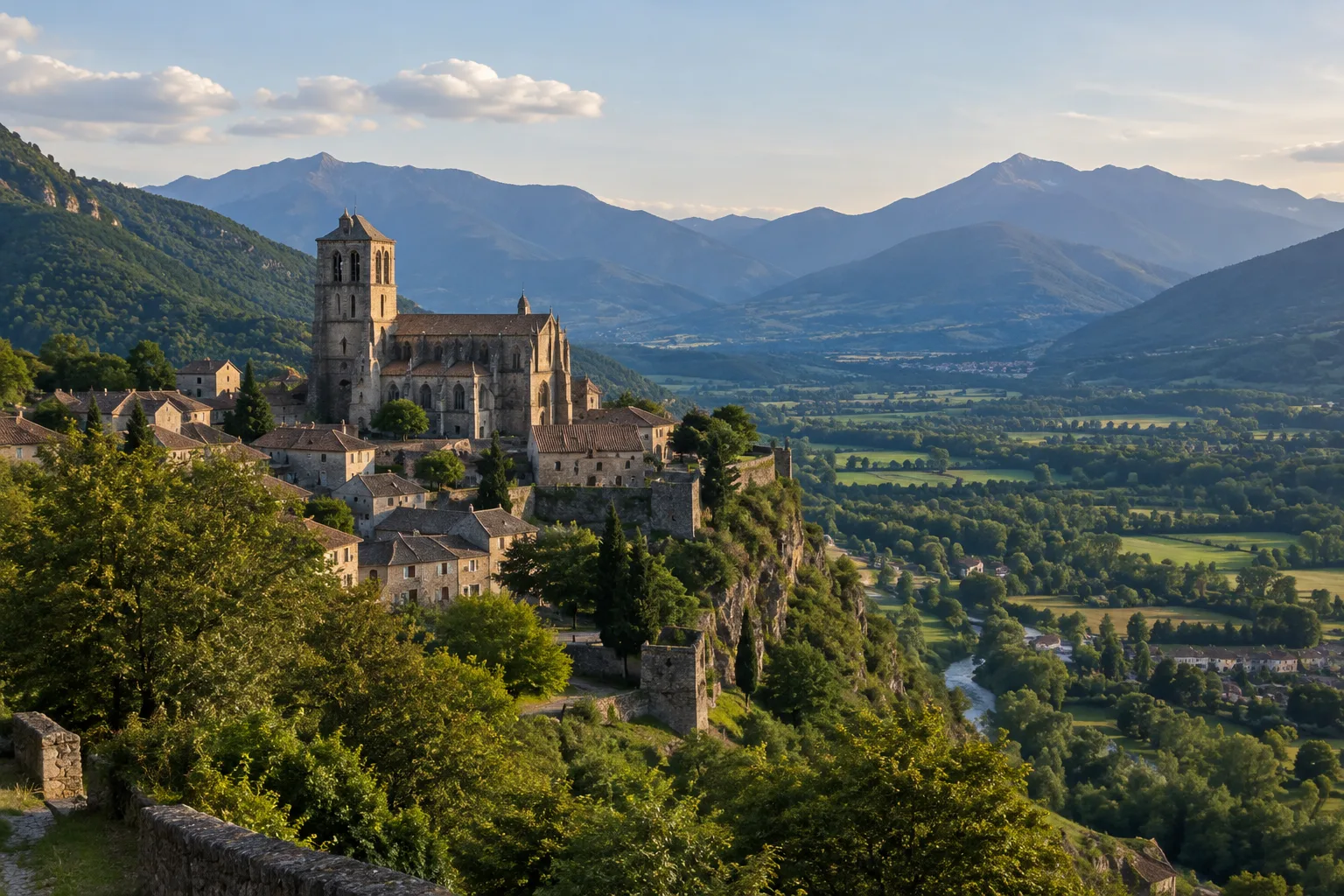 Le village de Saint-Bertrand-de-Comminges et sa cathédrale dominent la plaine, avec les Pyrénées en arrière-plan.