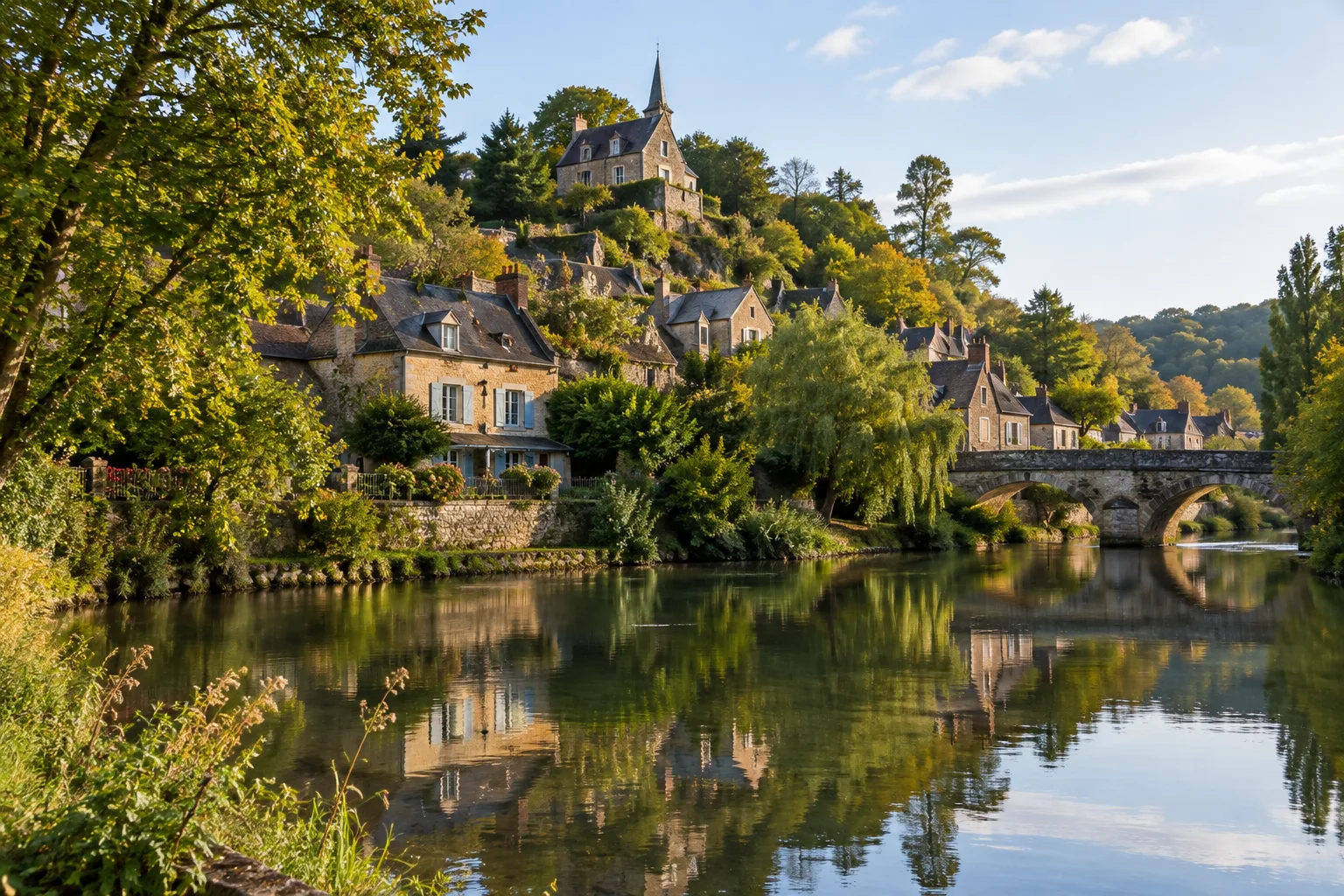 La Sarthe au pied des maisons de pierre de Saint-Céneri-le-Gérei.