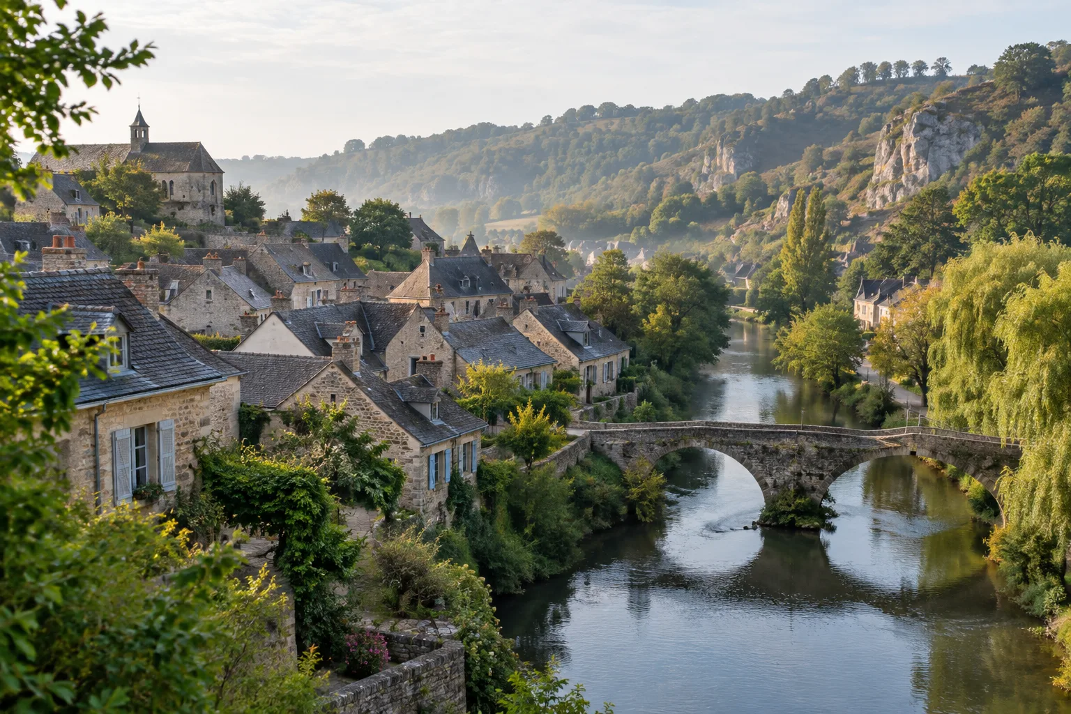 Le village de Saint-Céneri-le-Gérei et ses maisons de pierre au-dessus de la Sarthe.