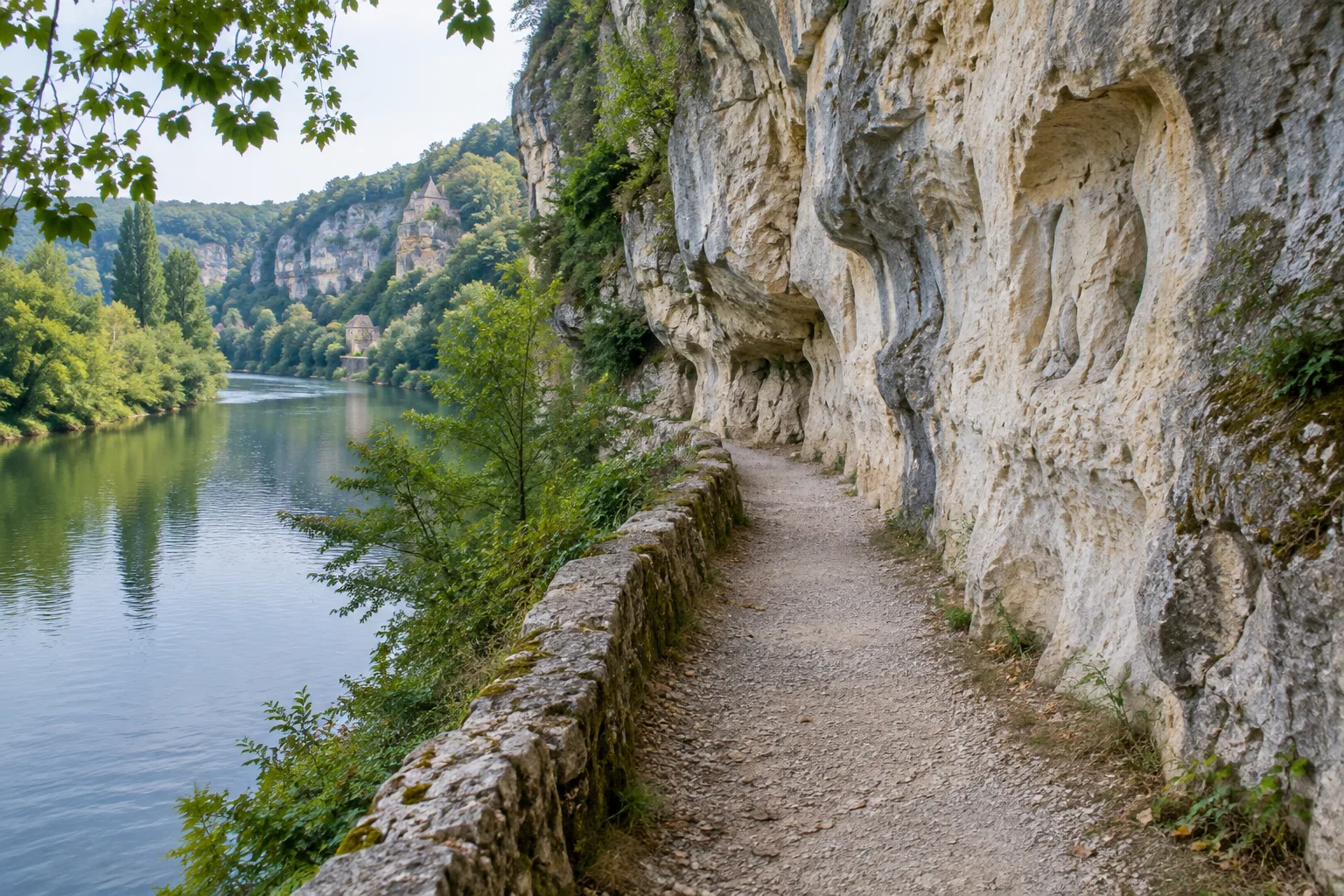 Le chemin de halage longe le Lot au pied d’une falaise calcaire.