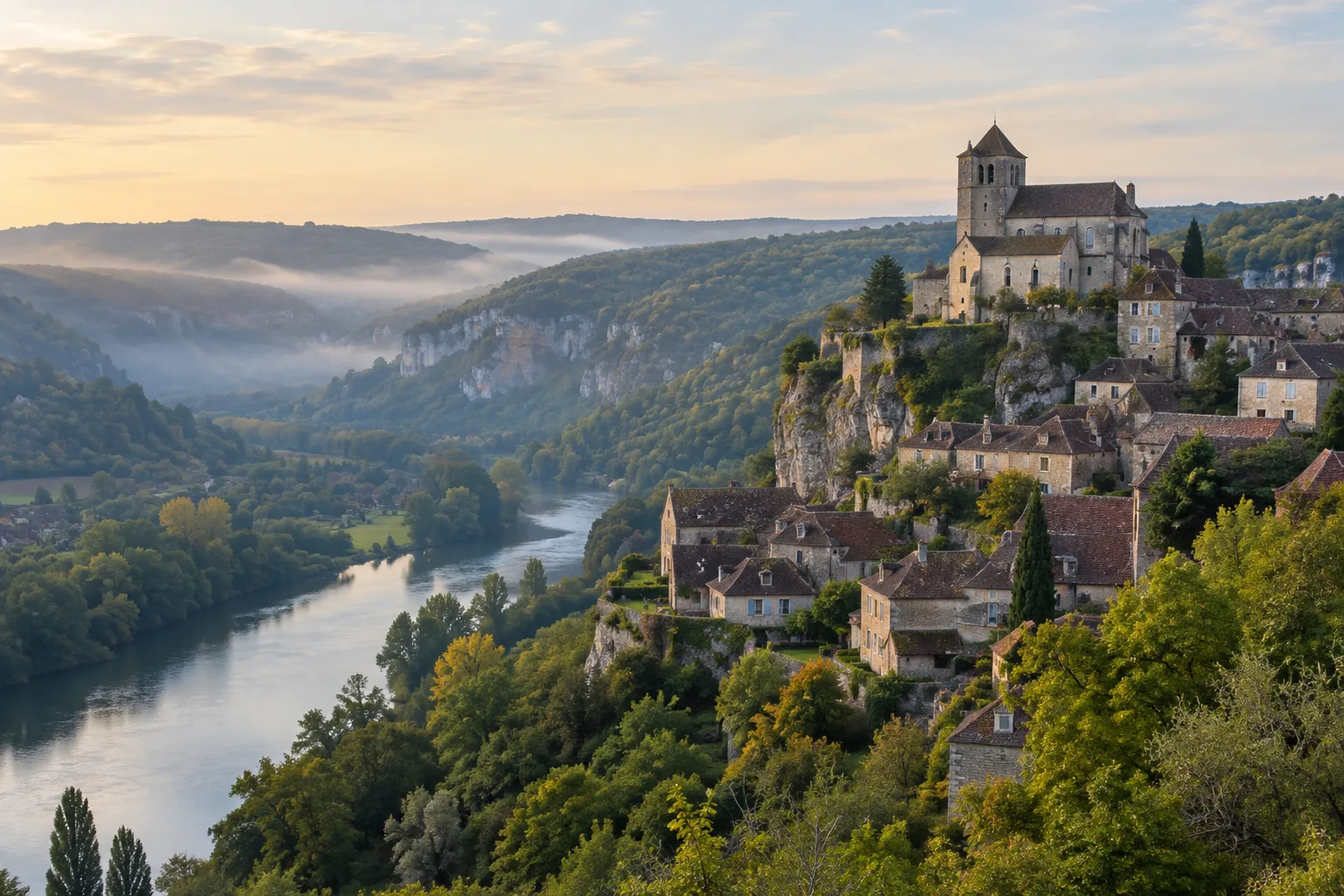 Saint-Cirq-Lapopie et ses toits de pierre au-dessus de la vallée du Lot.