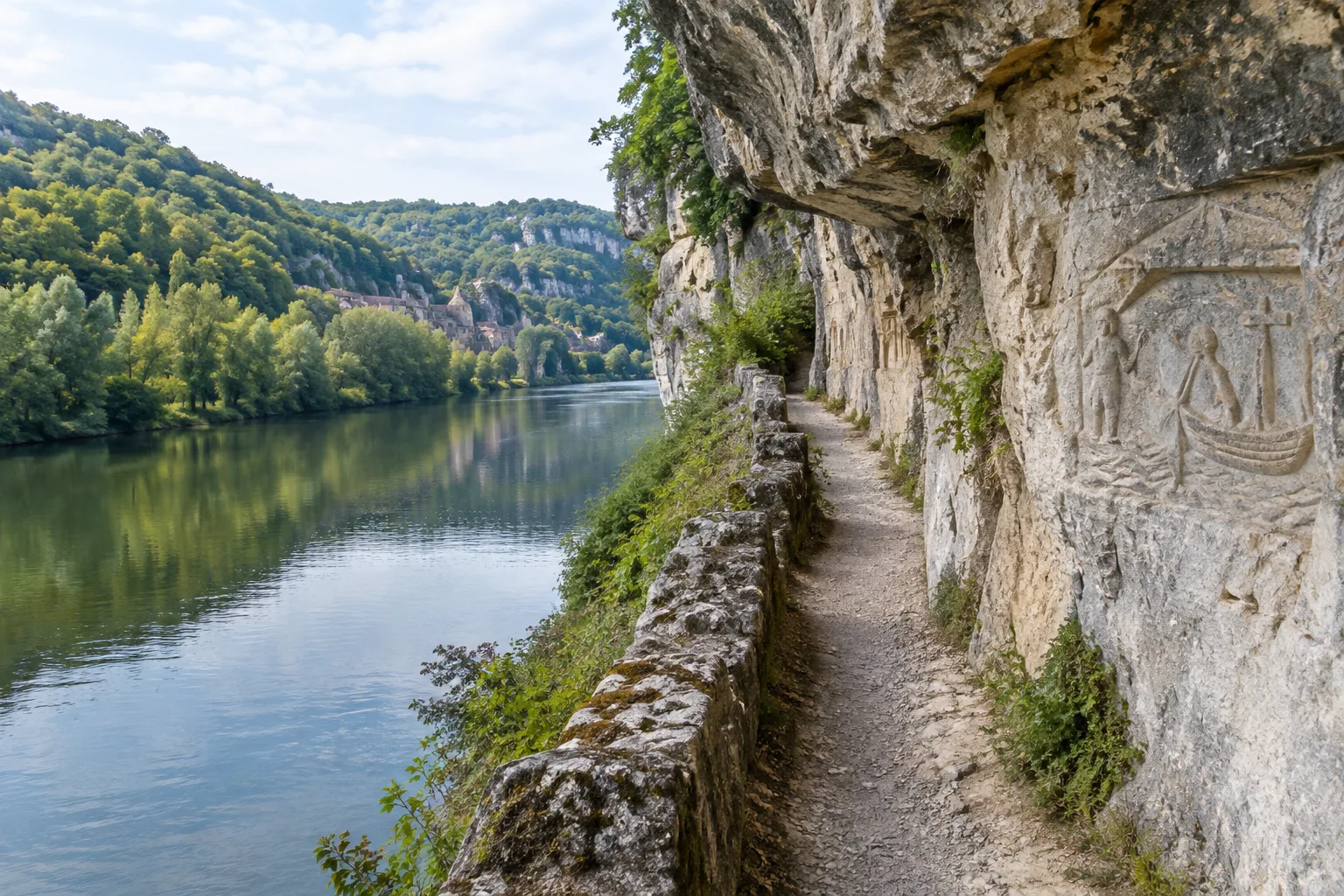Le chemin de halage longe le Lot au pied d’une falaise calcaire.
