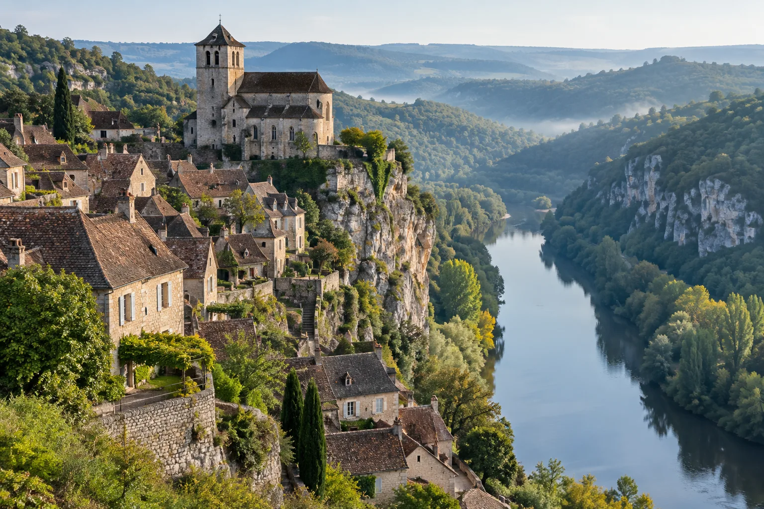 Les maisons de pierre de Saint-Cirq-Lapopie dominent la vallée du Lot.