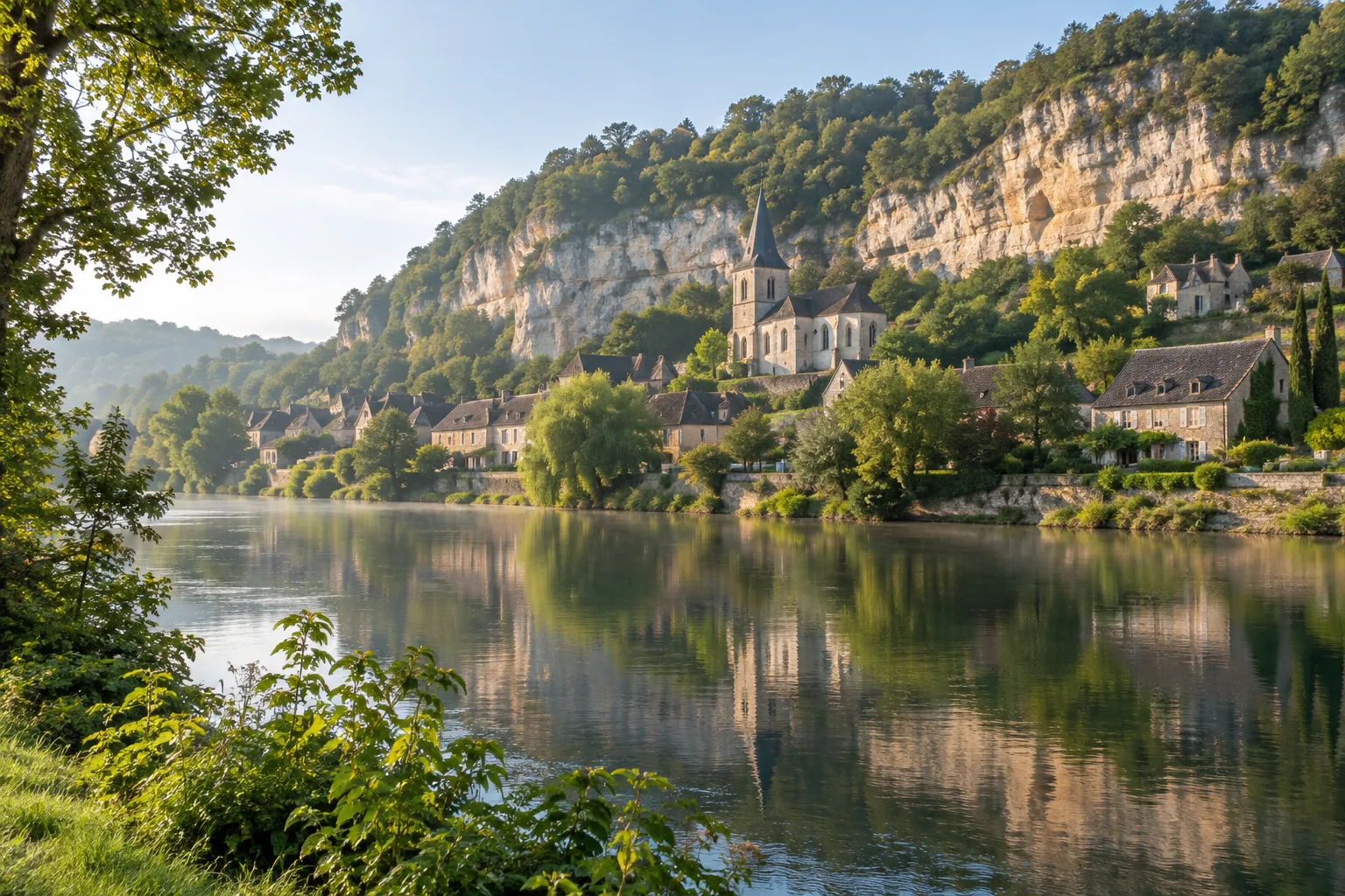 Le village de Saint-Léon-sur-Vézère et son église se reflètent dans la rivière, au pied des falaises calcaires.