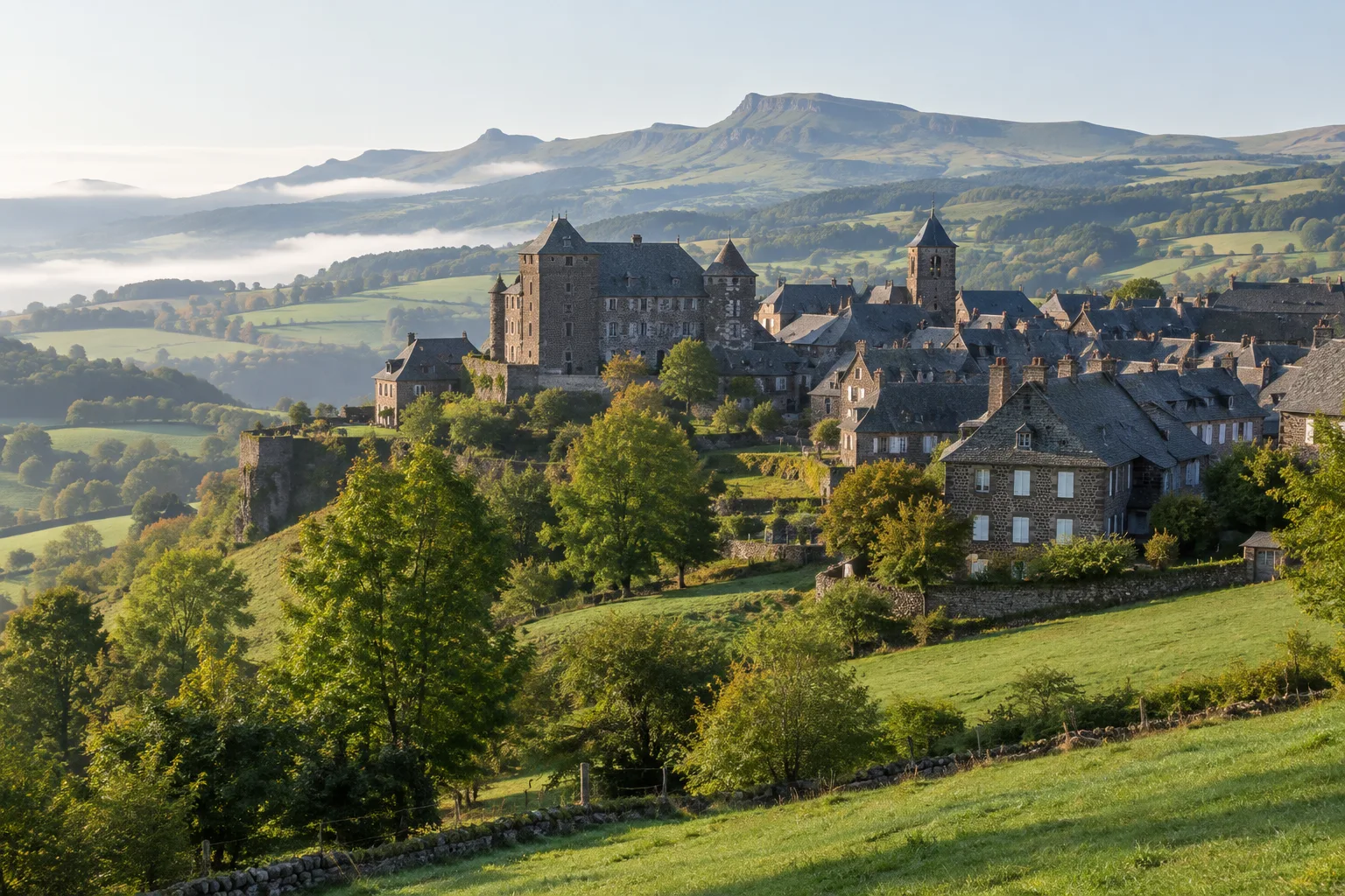 Les toits de pierre de Salers dominent les prés et les pentes verdoyantes du Cantal.