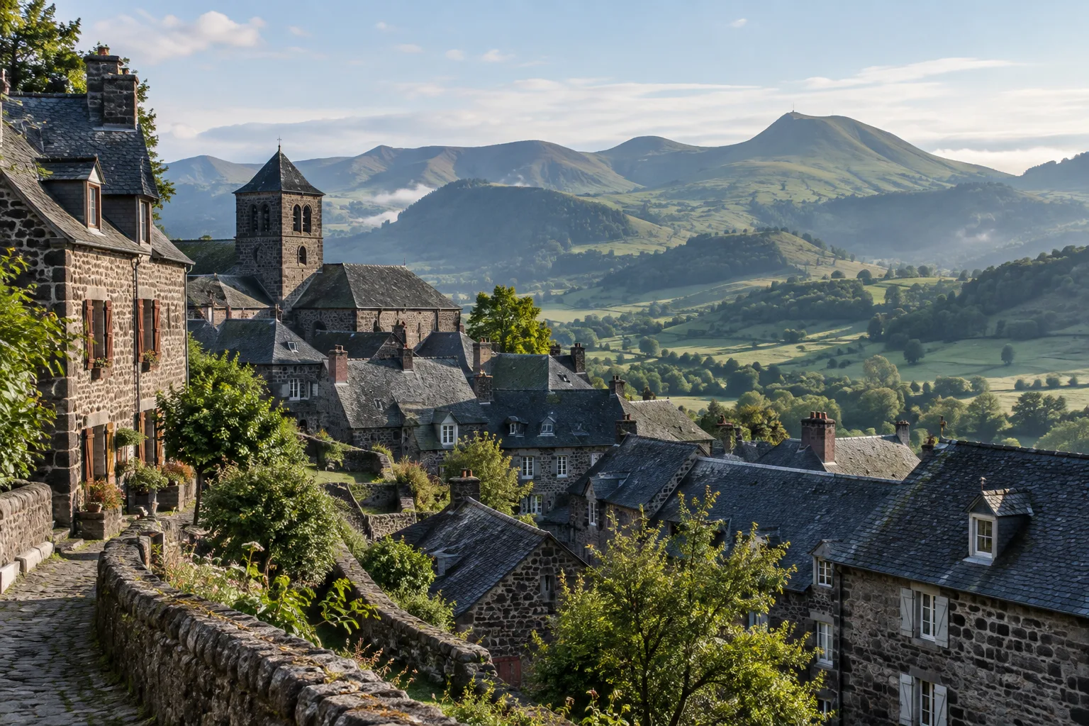 Maisons de pierre sombre à Salers, avec les reliefs du Cantal à l’arrière-plan.