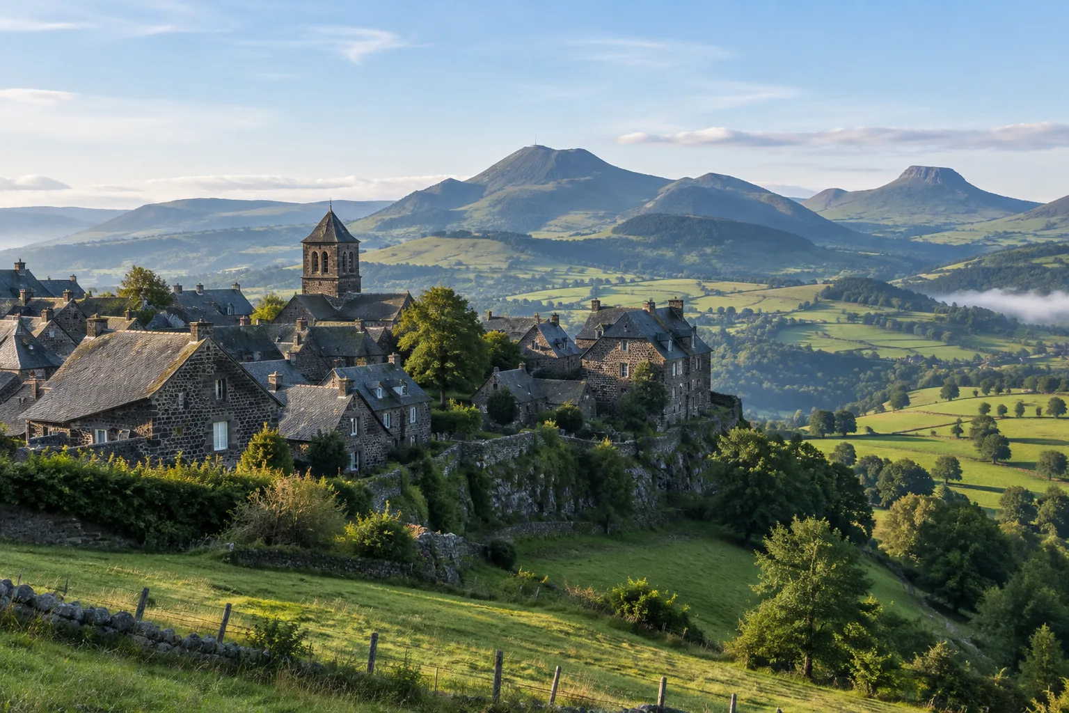 Les maisons de pierre sombre de Salers dominent les pâturages des monts du Cantal.
