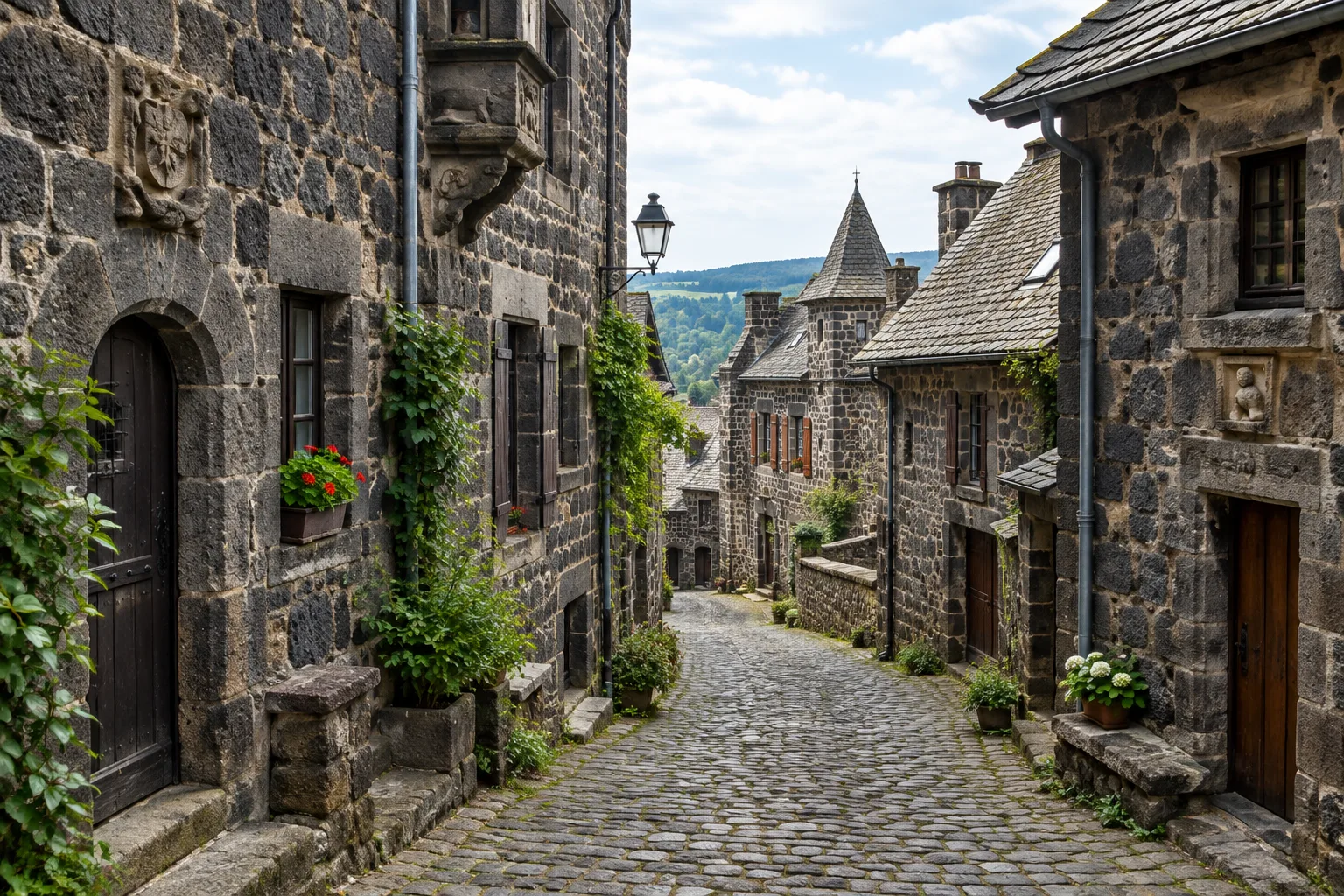 Une ruelle pavée bordée de maisons anciennes en pierre volcanique dans le centre de Salers.