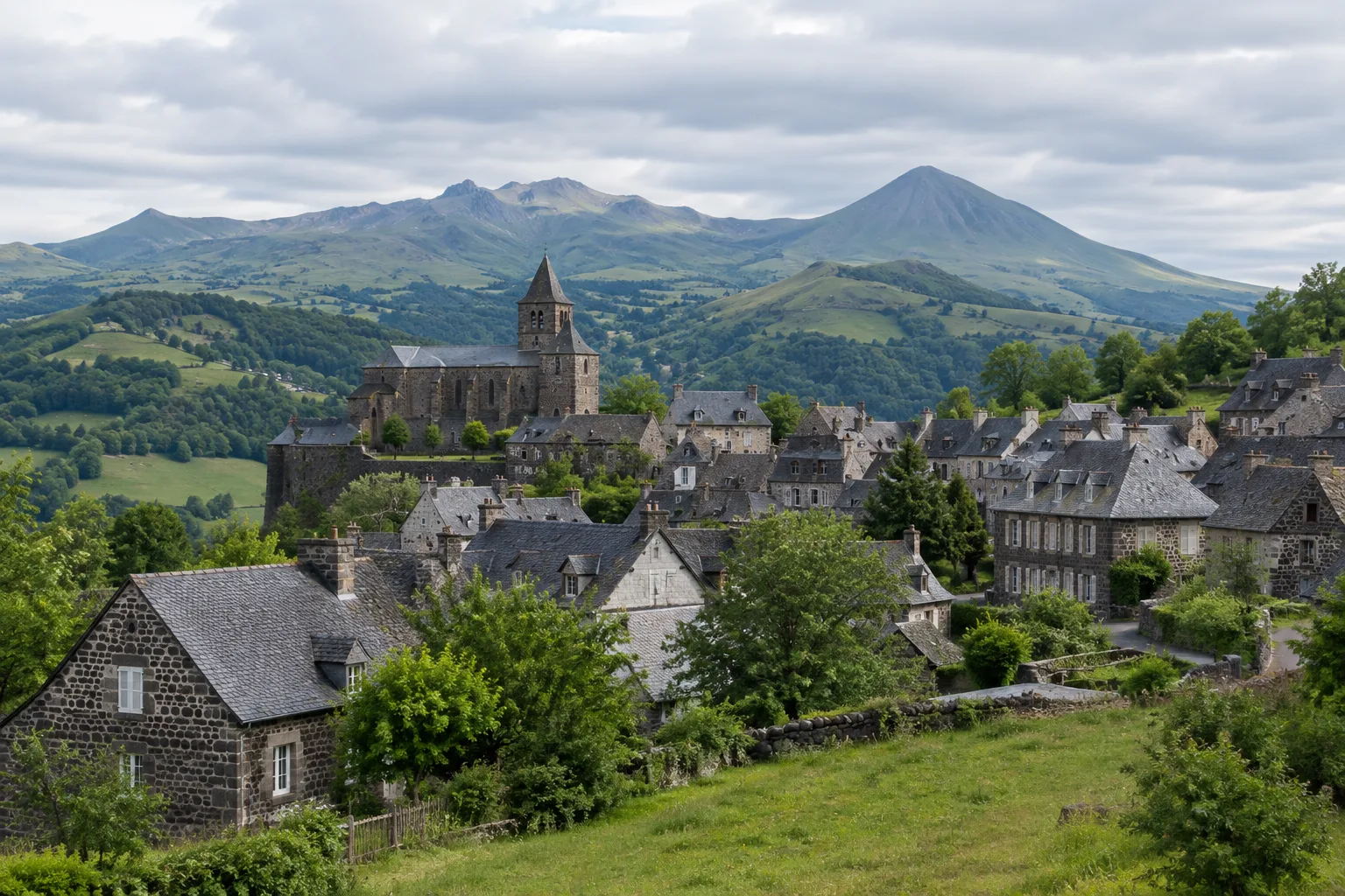 Maisons de pierre sombre aux toits de lauze dans le village de Salers, avec les reliefs du Cantal en arrière-plan.
