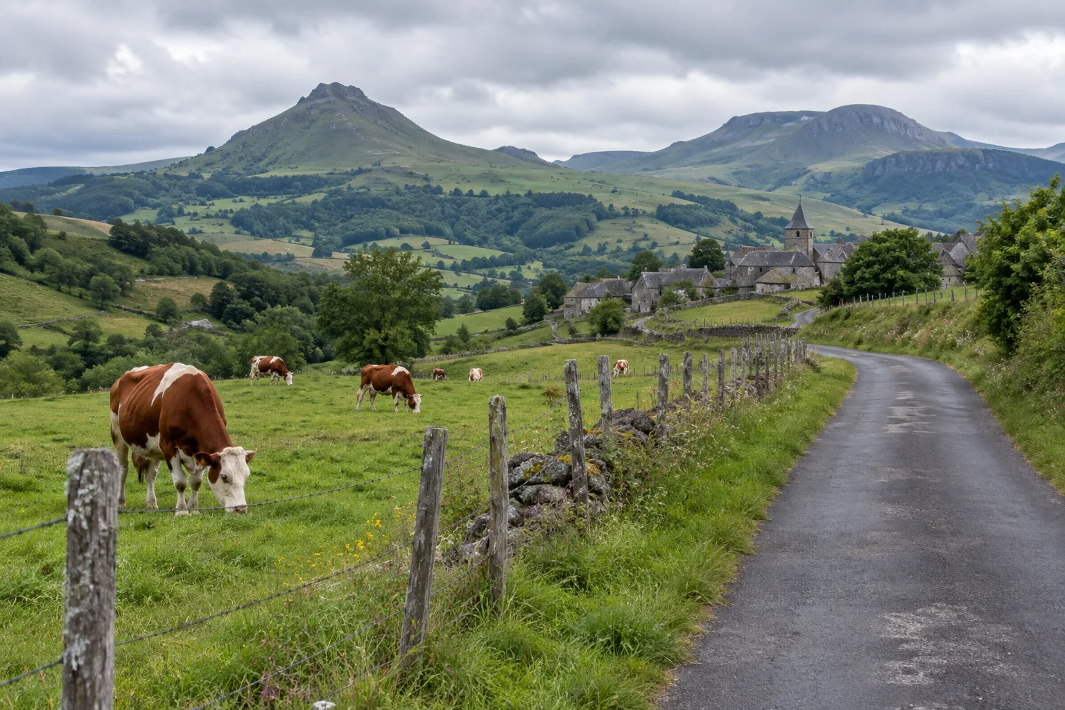 Des vaches paissent dans une prairie bordée d’une petite route, près de Salers.