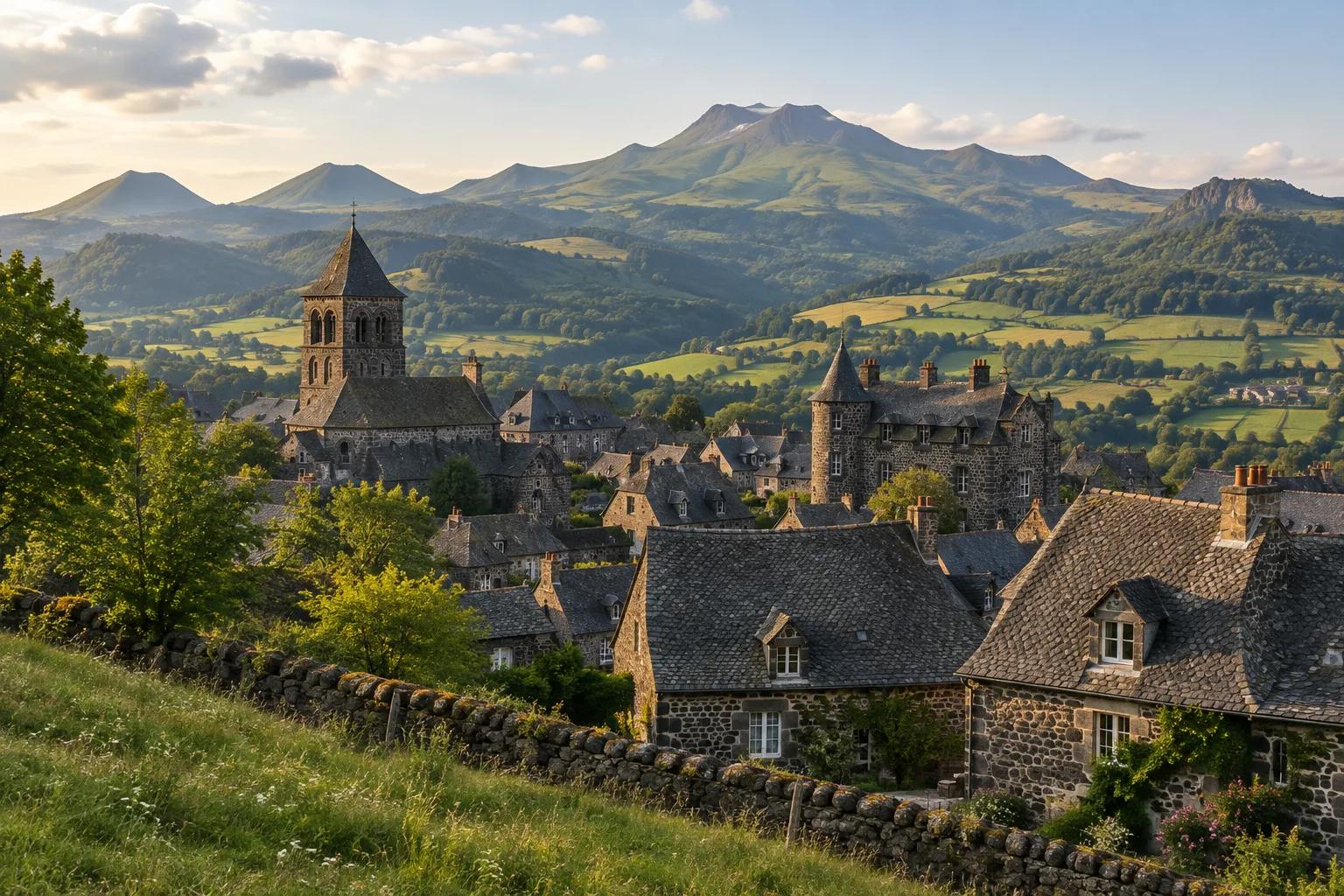 Les toits de pierre de Salers au premier plan, avec les reliefs du Cantal à l’horizon.