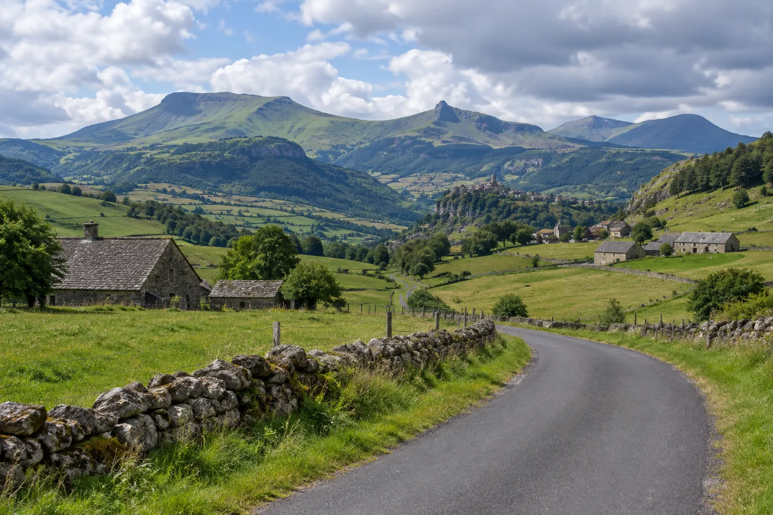 Une petite route traverse les prairies et les murets de pierre près de Salers, avec les monts du Cantal au loin.
