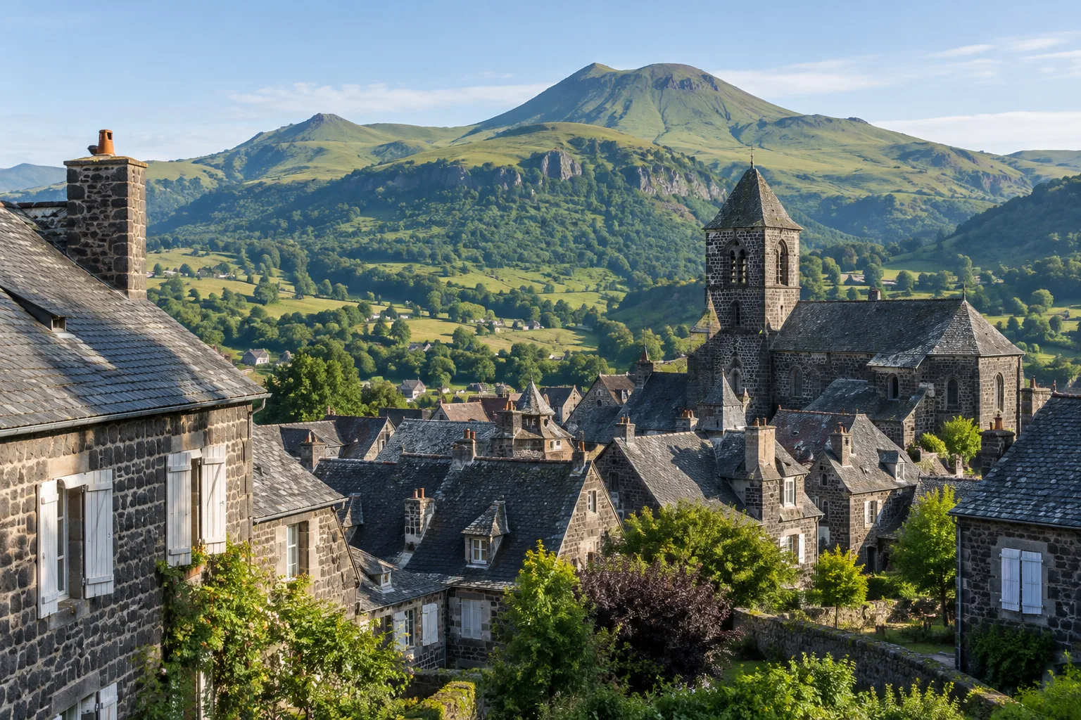 Les maisons de pierre sombre de Salers se détachent devant les reliefs du Cantal.