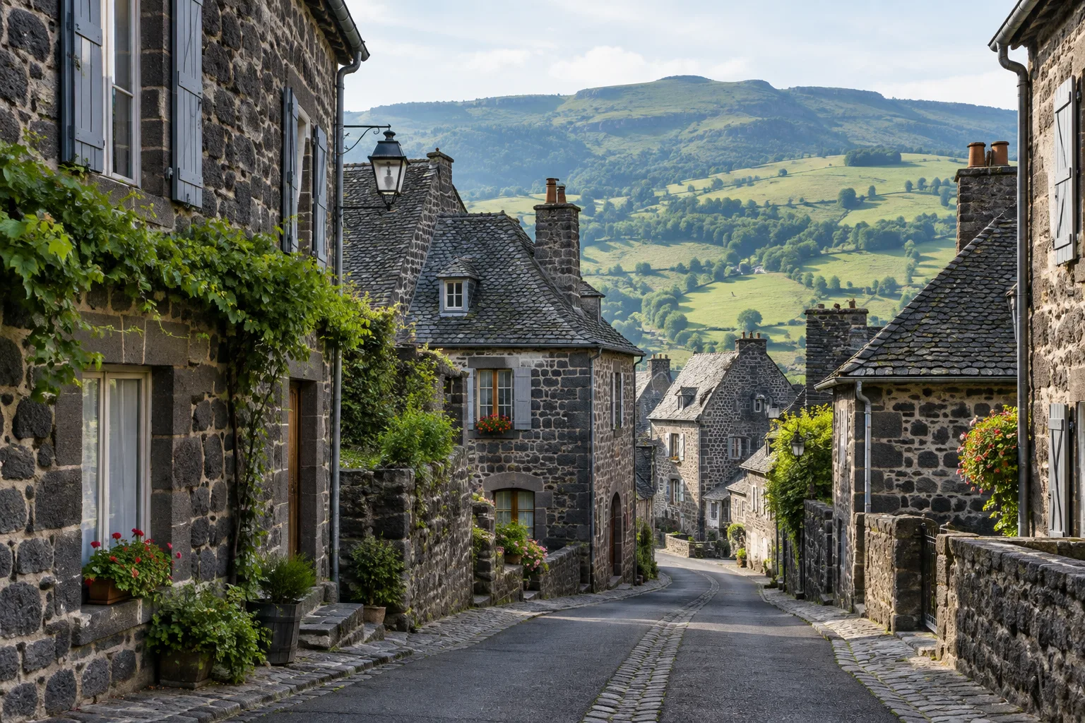Ruelle pavée bordée de maisons en pierre volcanique dans le village de Salers, avec les prairies du Cantal en arrière-plan.
