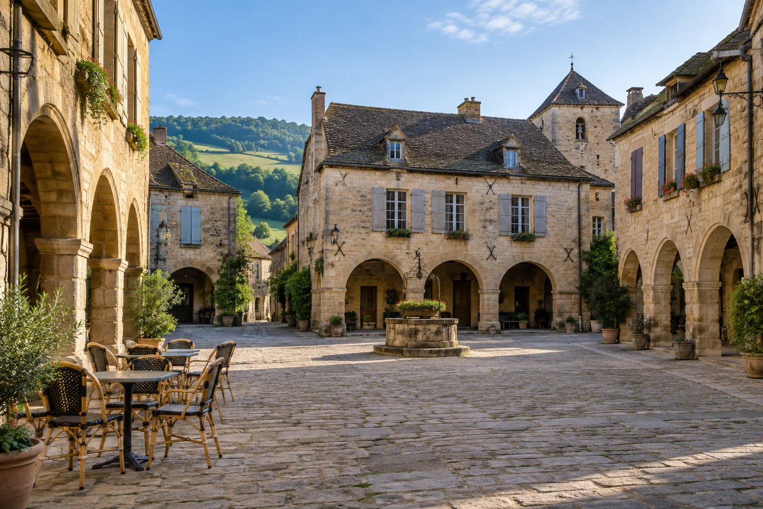 Les arcades en pierre de la place centrale de Sauveterre-de-Rouergue.