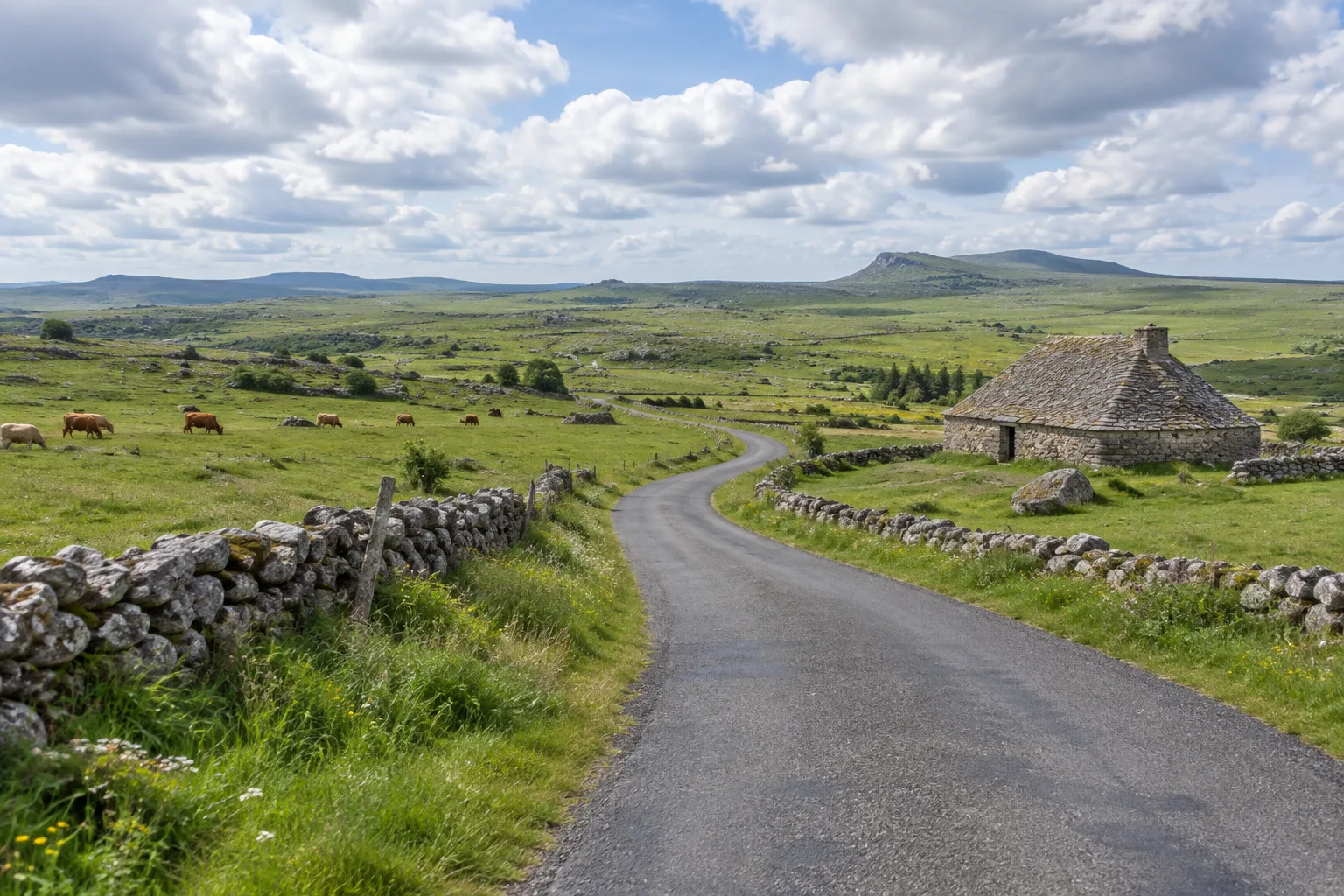 Petite route traversant les prairies ouvertes de l’Aubrac, avec un buron de pierre au loin.