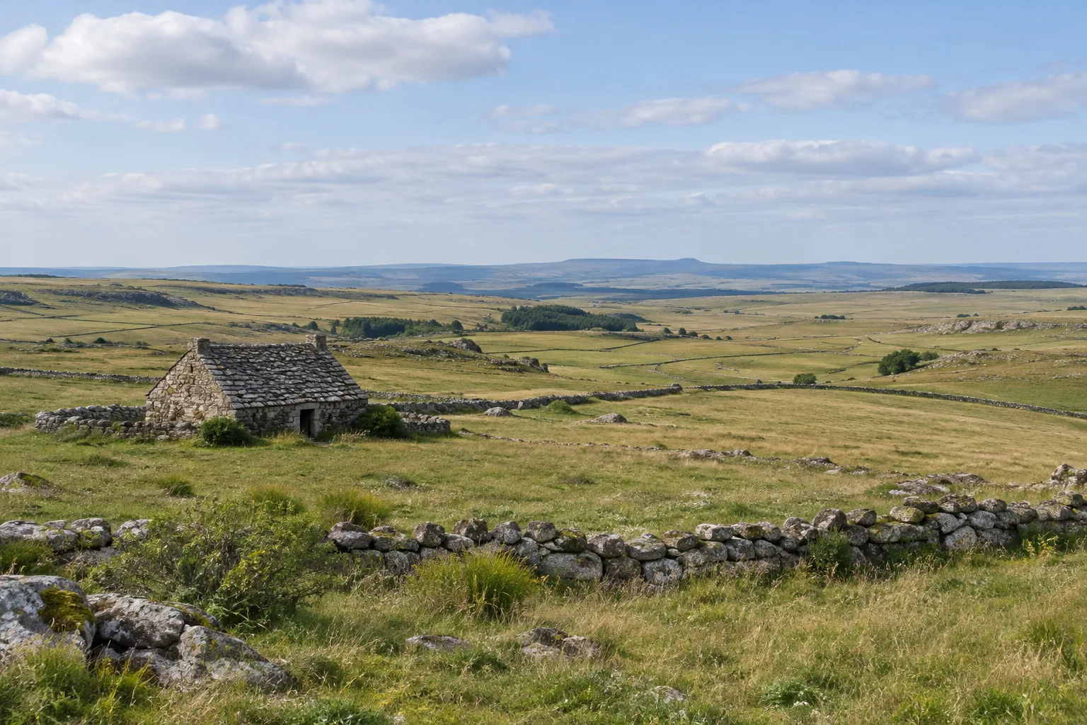 Des pâtures et un ancien buron de pierre s’étendent sur le plateau de l’Aubrac.