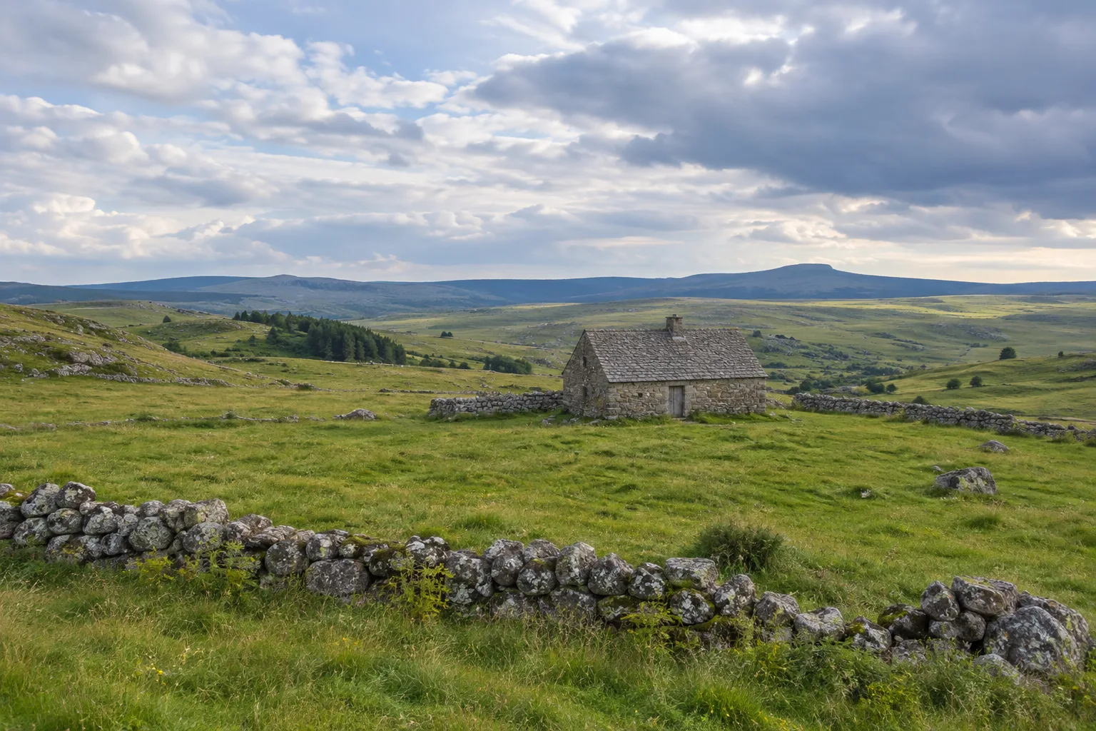 Un buron de pierre se dresse au milieu des pâtures ouvertes de l’Aubrac.