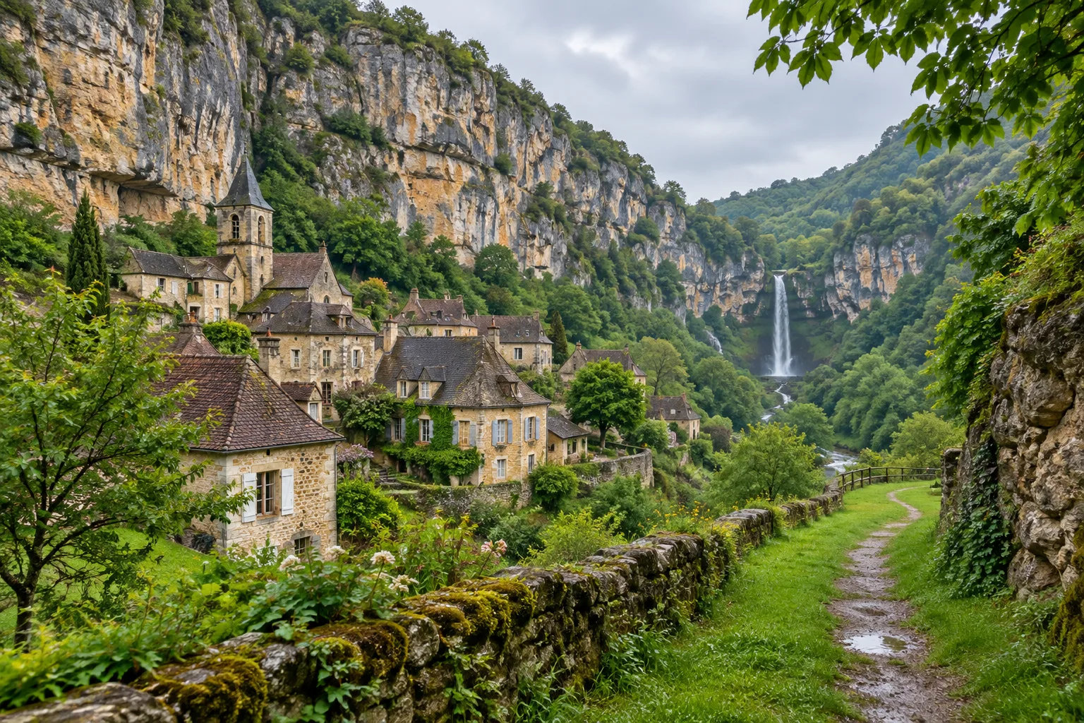 Les maisons d’Autoire au pied des falaises, avec un chemin de randonnée dans la verdure.