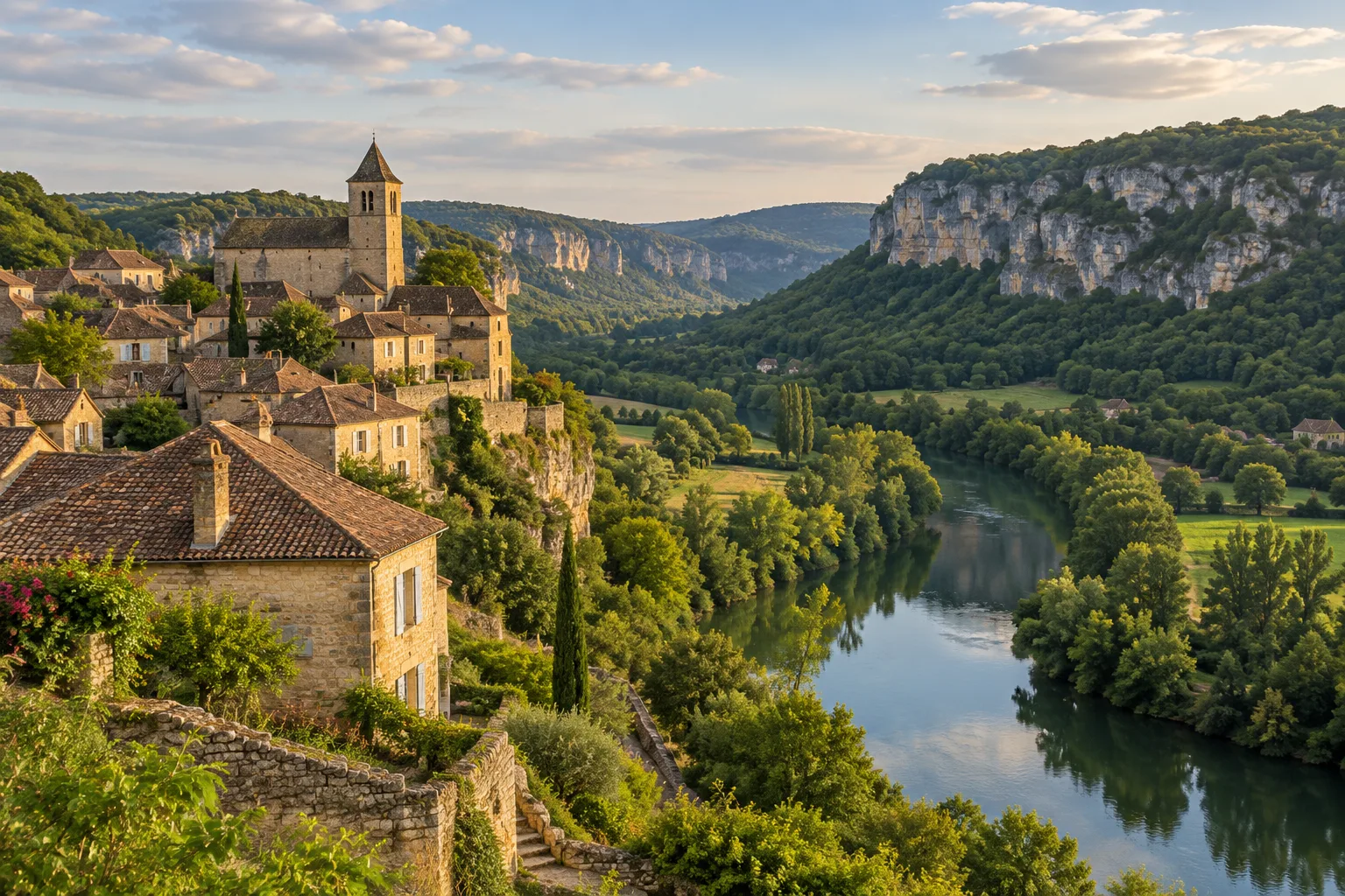 Le village de pierre d’Autoire au pied des falaises calcaires du cirque.