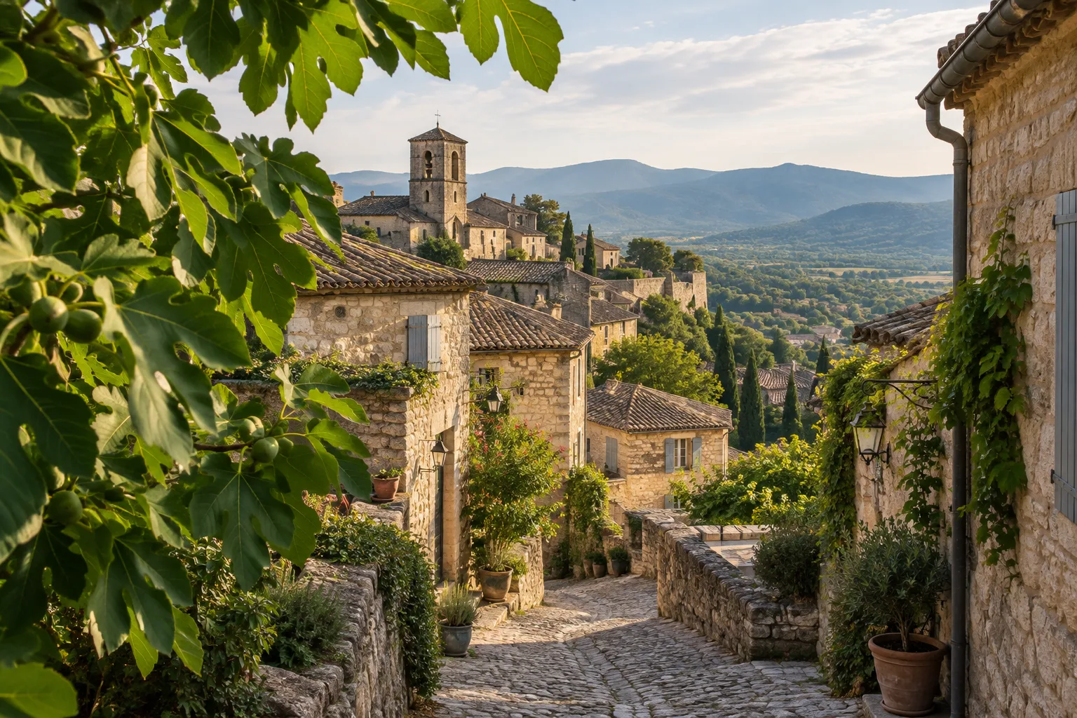 Une ruelle de pierre à Vézénobres, bordée de maisons anciennes et de figuiers, avec les reliefs cévenols au loin.