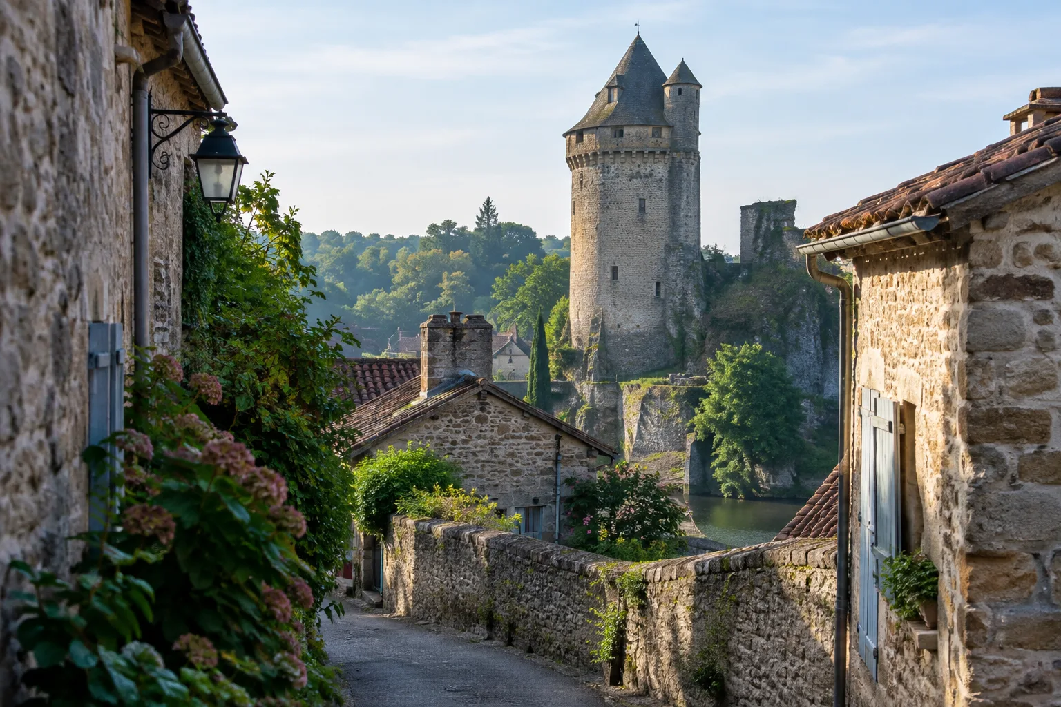 La tour Mélusine se détache au-dessus des toits anciens de Vouvant.