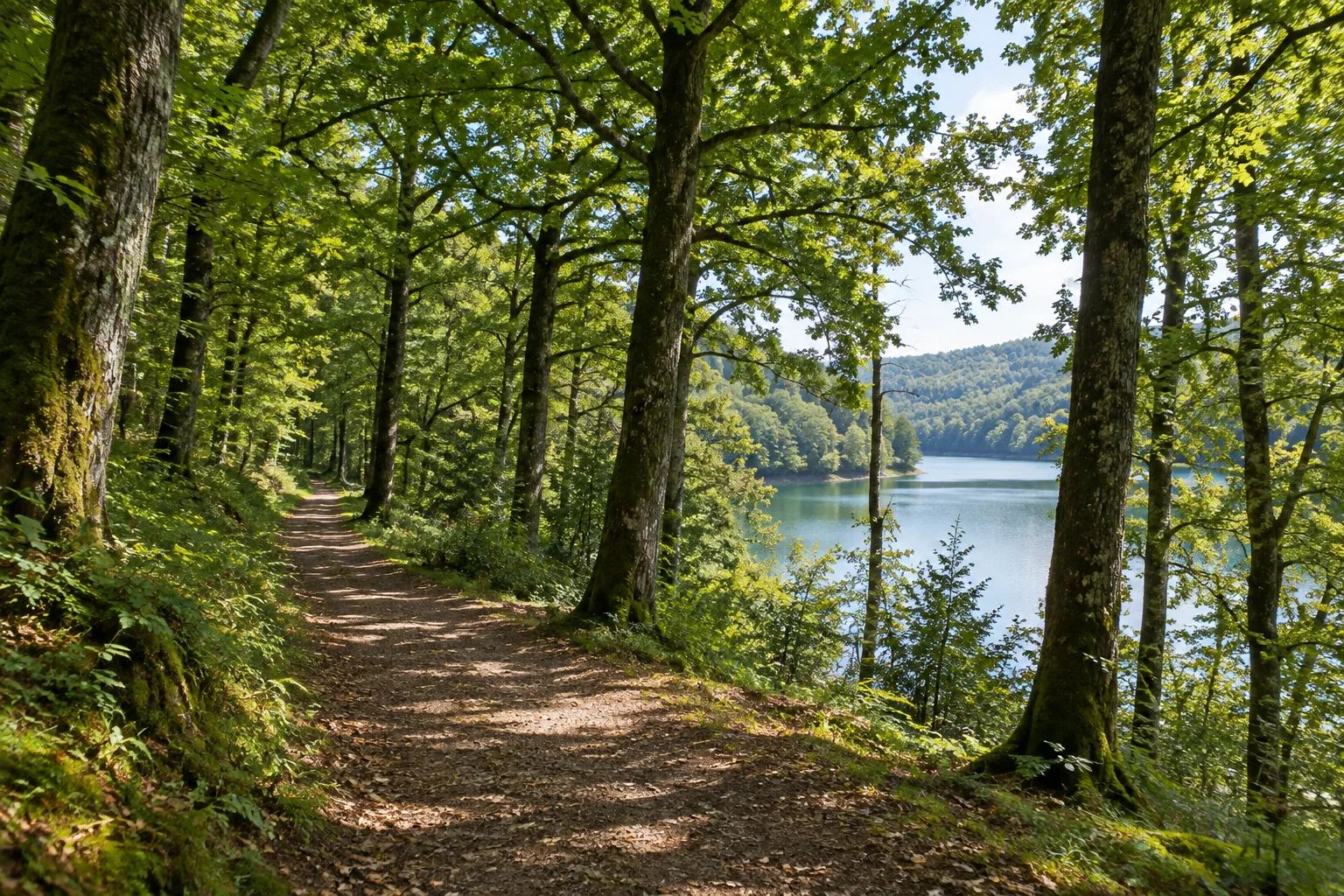 Un sentier ombragé traverse la forêt de Mervent avec une vue sur le lac entre les arbres.