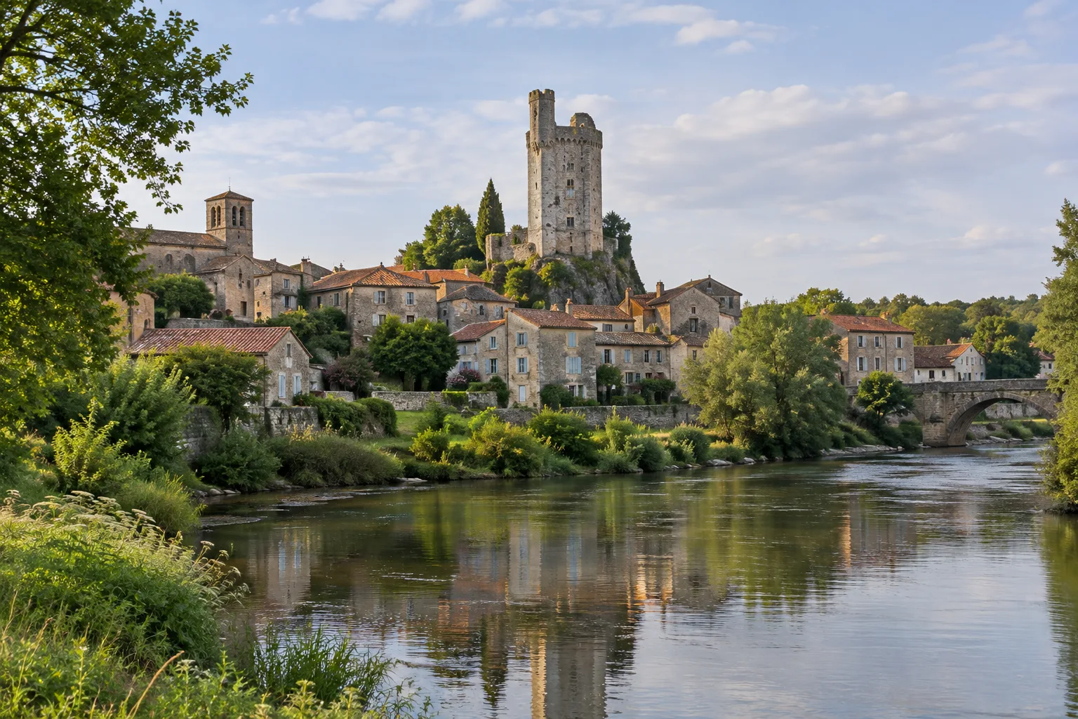 La tour Mélusine et les toits de Vouvant au-dessus des rives verdoyantes de la Mère.